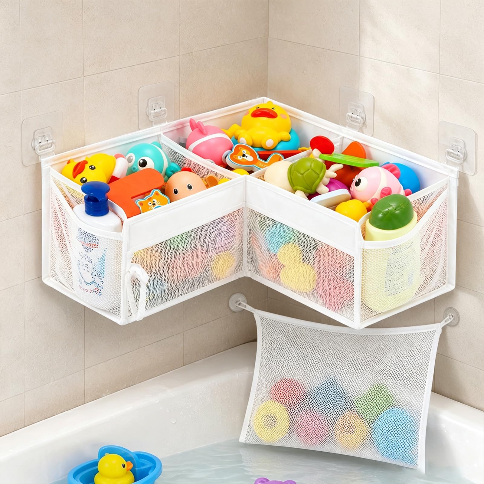 Yuaerbuo 3-Compartment Bath Toy Storage Anti Mould, Corner Bath Toy Basket