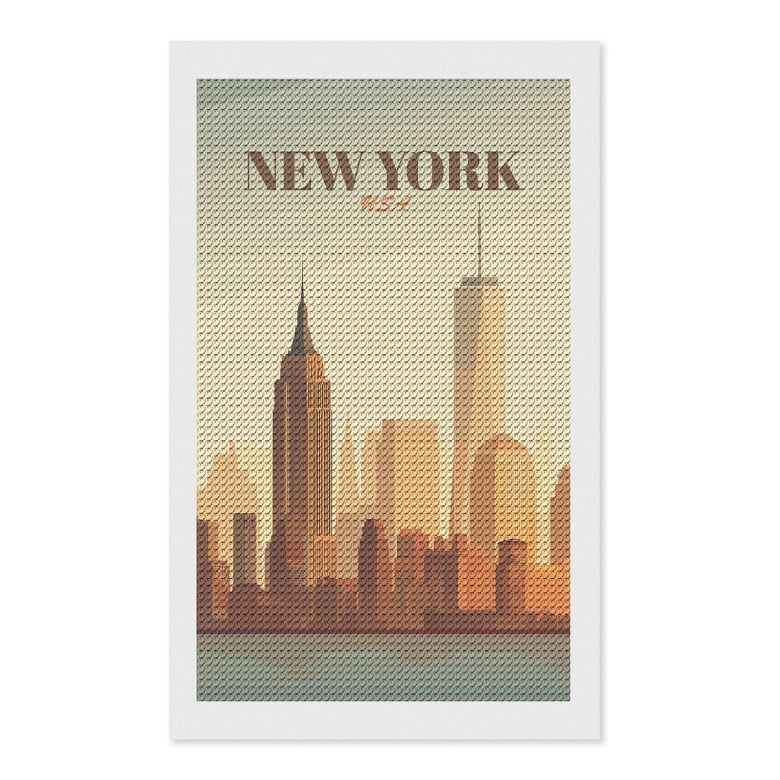Junmoney New York City Skyline Vintage Diamond Painting Set 12"x20", Holiday Gift Idea, for Creative Relaxation, Fun Craft Experience, Vintage Style Decor