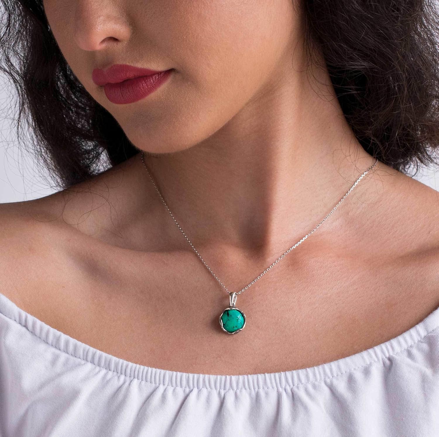 ADITA GOLD 925 Sterling Silver Turquoise Necklace - Dainty 12mm Round Gemstone Pendant, December Birthstone, Delicate Handmade Jewelry, Vintage Antique Everyday Jewel, for Classy Women - Image 3