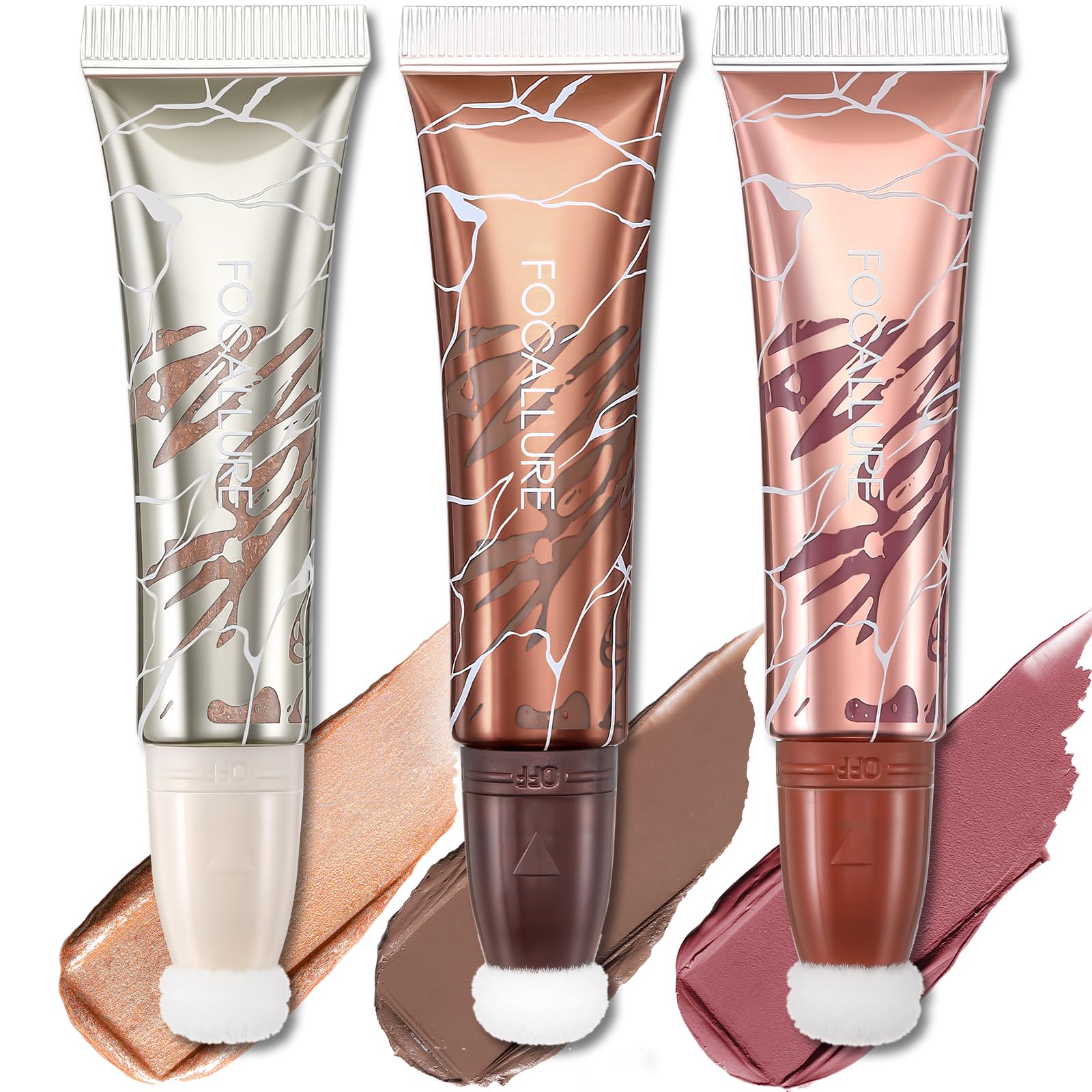 FOCALLURE 3 PCS Liquid Contour Stick,Moisturizing Highlighter,Blush and Bronzer,Silky Cream Contouring Pen with Soft Cushion Applicator,Long Lasting Face Illuminator Makeup,Sahara Time