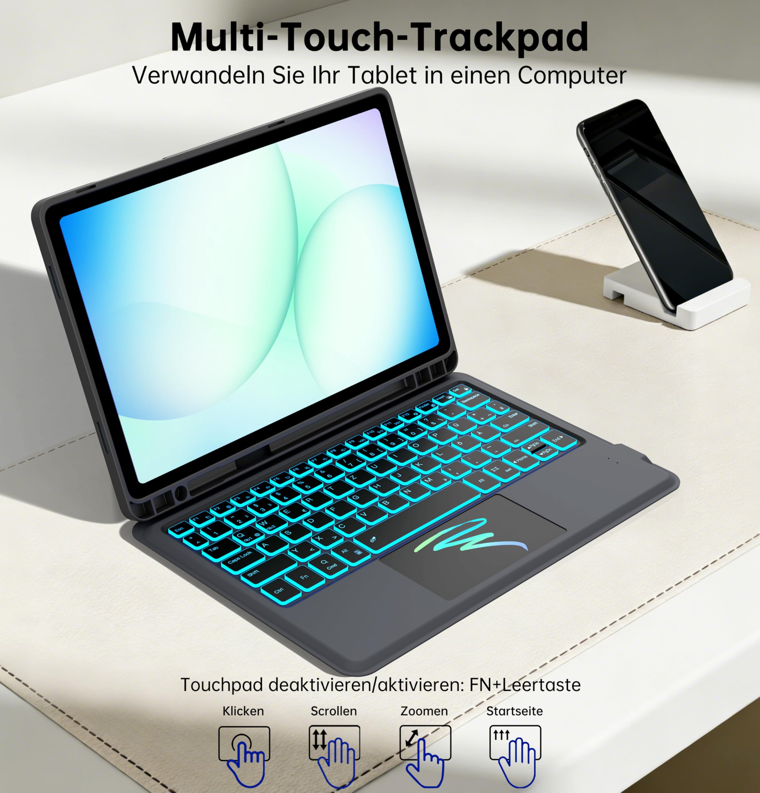 für Samsung Galaxy Tab A11+ Plus/A9+ 11 Zoll Hülle Tastatur mit Trackpad | 7 Farben Hintergrundbeleuchtung, DeX-Taste, Präzises Touchpad, Deutsches QWERTZ-Layout, Stifthalter, Abnehmbar, Magnetisch