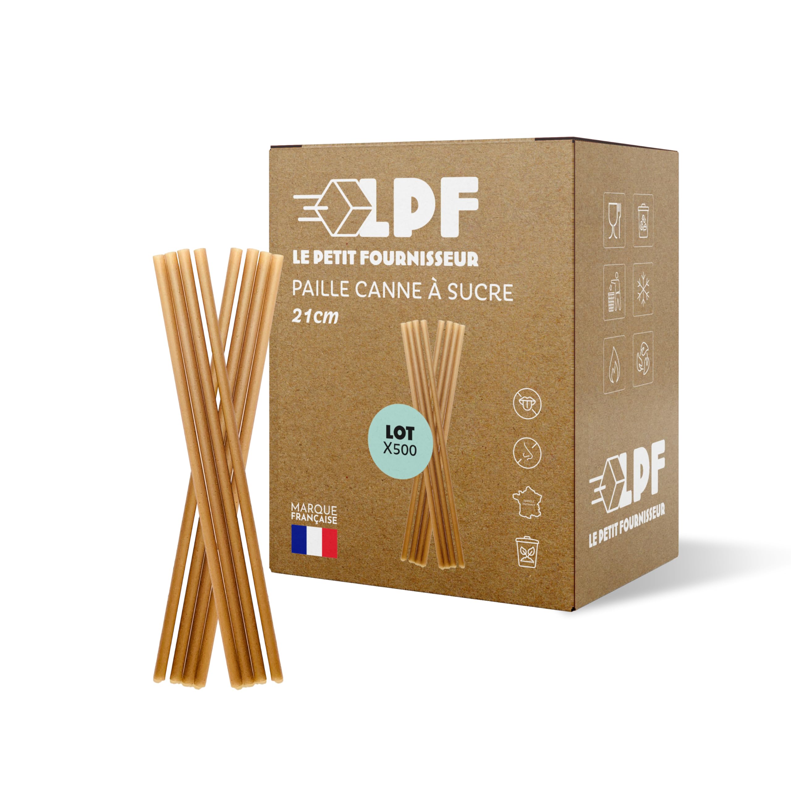 LPF LE PETIT FOURNISSEUR – Pailles Canne à Sucre 21cm – Réutilisables & Compostables – Sans Goût ni Odeur – Ne ramollie pas résistance 24h Boissons Froides – Sans Plastique – Lot 500 – Made in France