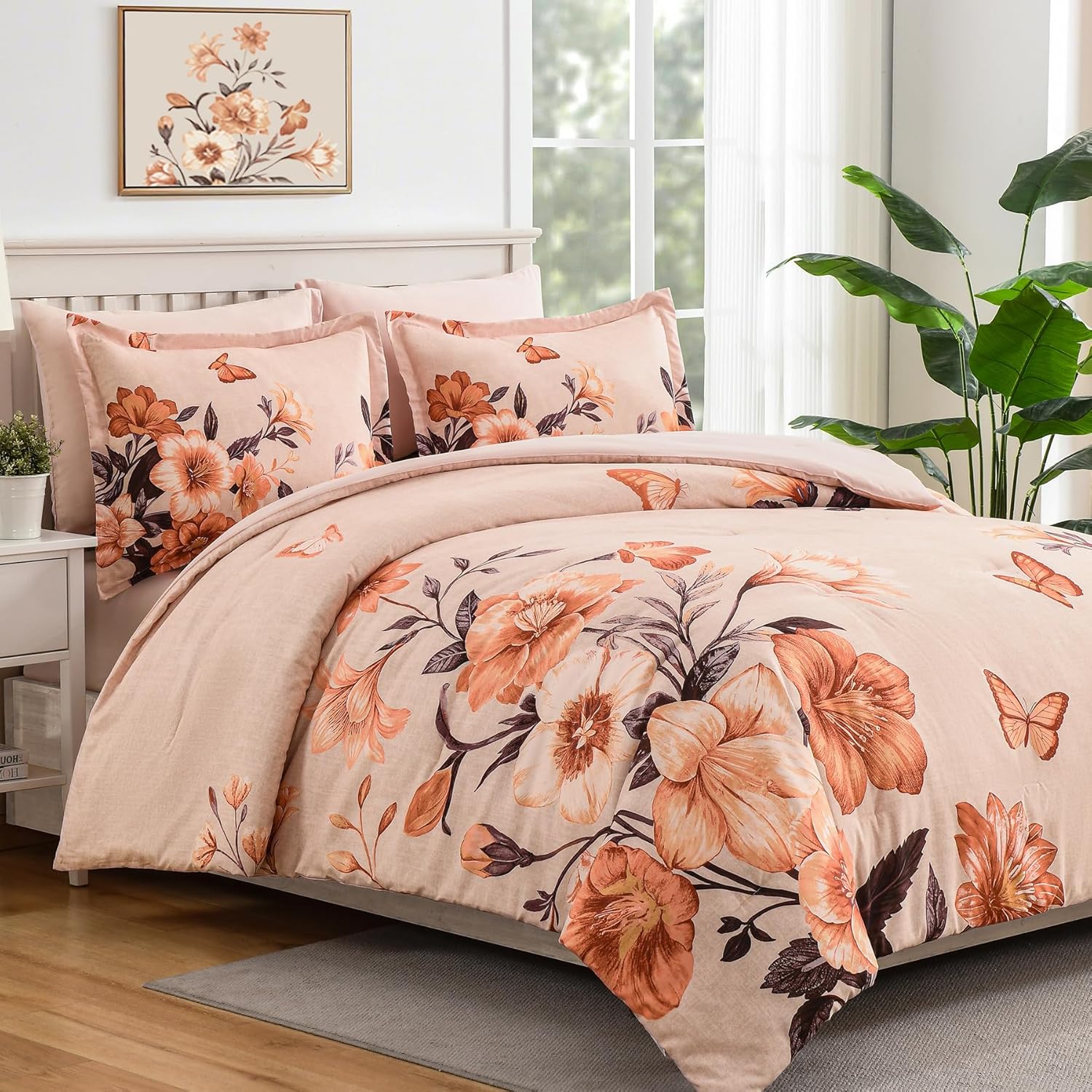 Floral Comforter Set Queen Size,7 Piece Orange Bed in a Bag, Elegant Flower Pattern Comforter Set with Sheet, Soft Microfiber Complete Bedding Sets for All Season - Image 2