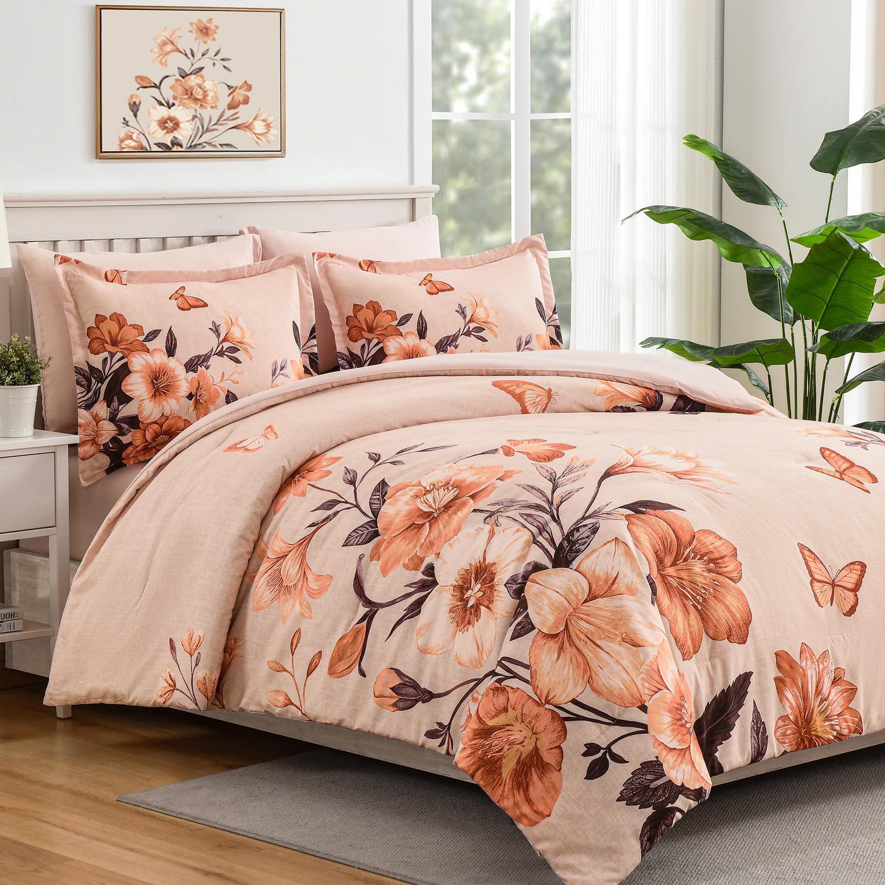 Juego de edredón floral tamaño King, 7 piezas de cama naranja en una bolsa, elegante juego de edredón con patrón de flores con sábana, juegos completos de microfibra suave para todas las 2