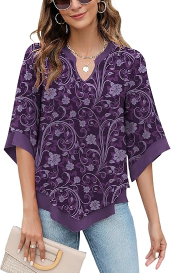 Micoson Womens 3/4 Sleeve Chiffon Blouses V Neck Double Layers Mesh Shirts Flowy Dressy Tunic Tops