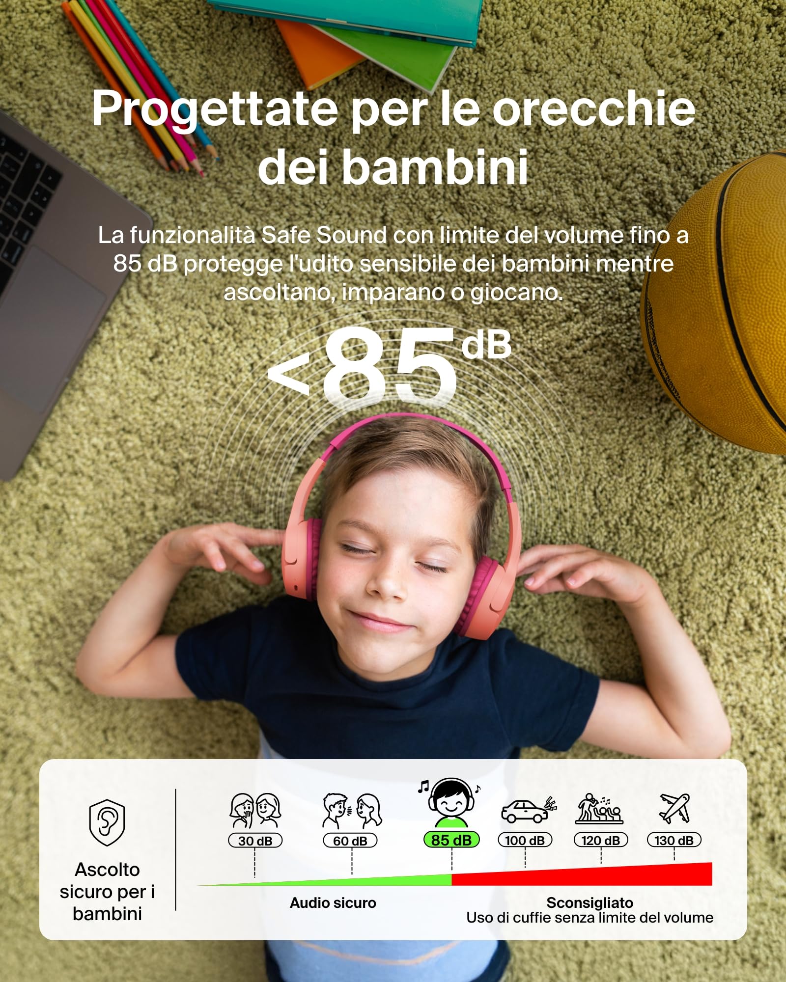 Belkin SoundForm Mini Cuffie wireless per bambini con microfono, 30 ore di riproduzione, adesivi divertenti, headset over-ear per didattica online, scuola e viaggi, per iPhone, iPad e Galaxy, rosa