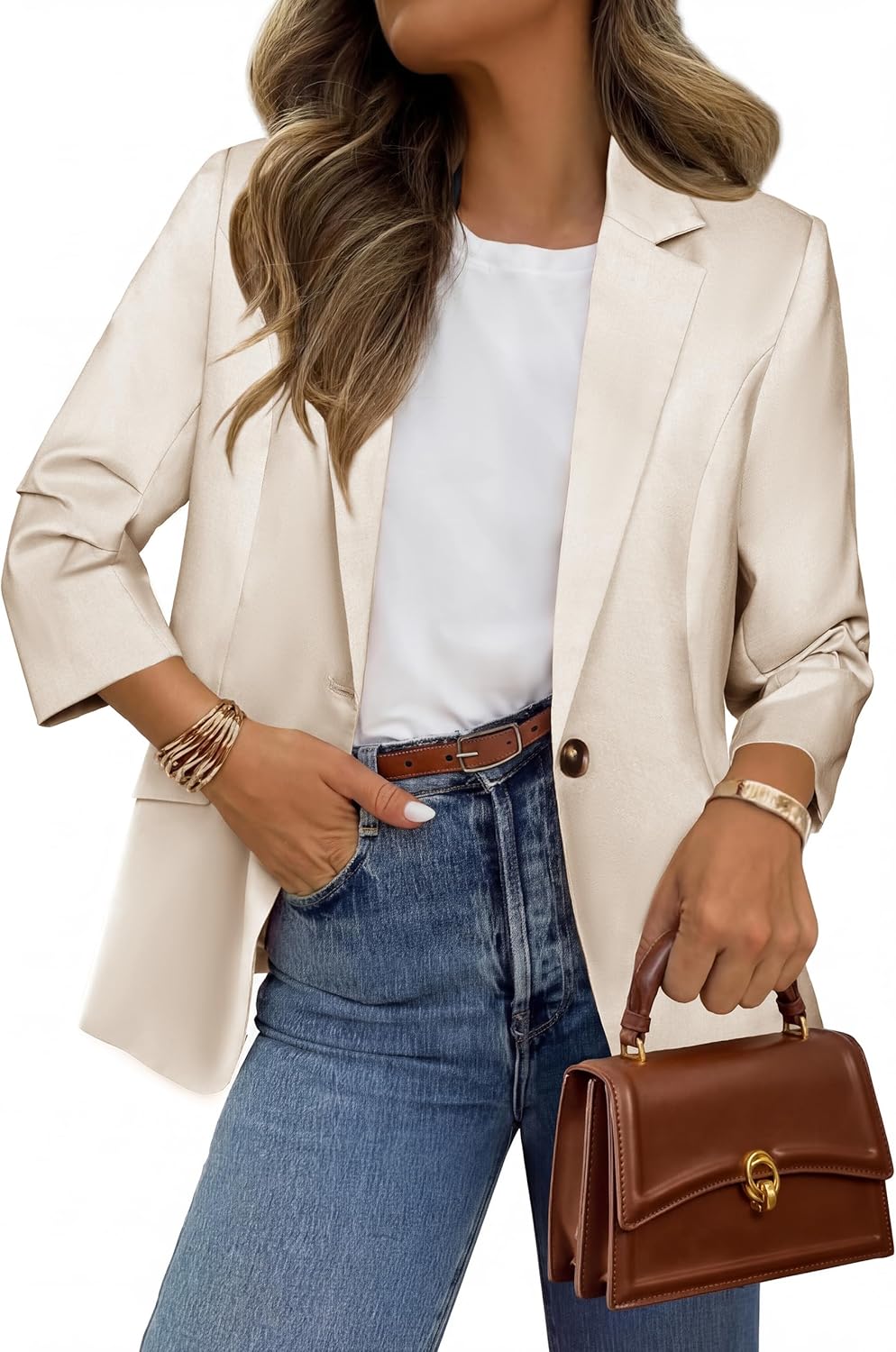 Simplee Ruched 3/4 Sleeve Blazer for Women Lightweight Dressy Business Casual Suit Jackets for Work
