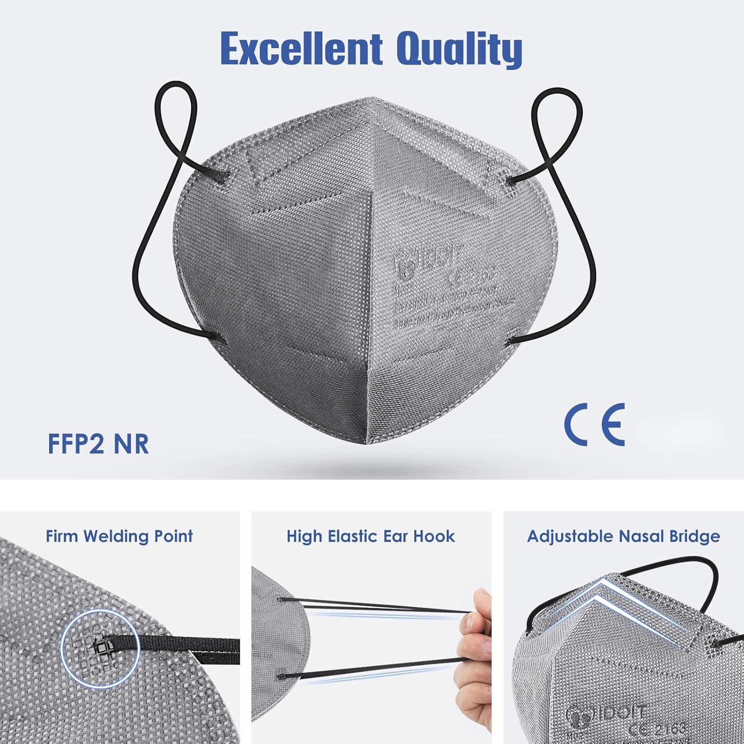 IDOIT Face Masks black FFP2 Mask UK N95 Respirator 50 PCS CE certified