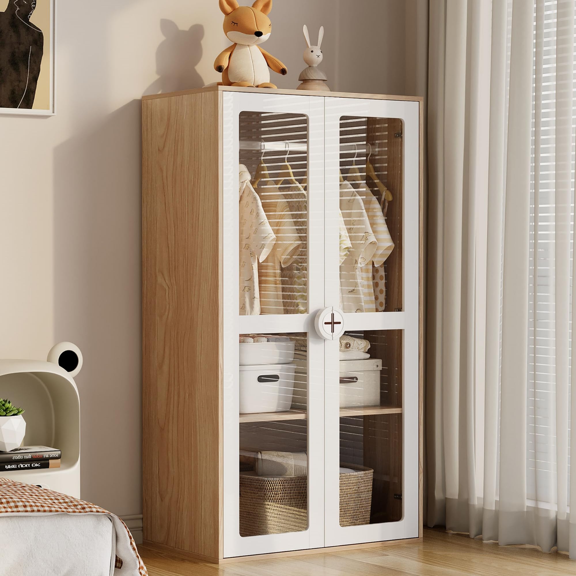 REXO Armario infantil de 80 × 50 × 150 cm, armario de puerta de cristal de dos puertas con barra para colgar y estantes deslizantes, asas de madera en forma de galleta, color blanco + madera natural