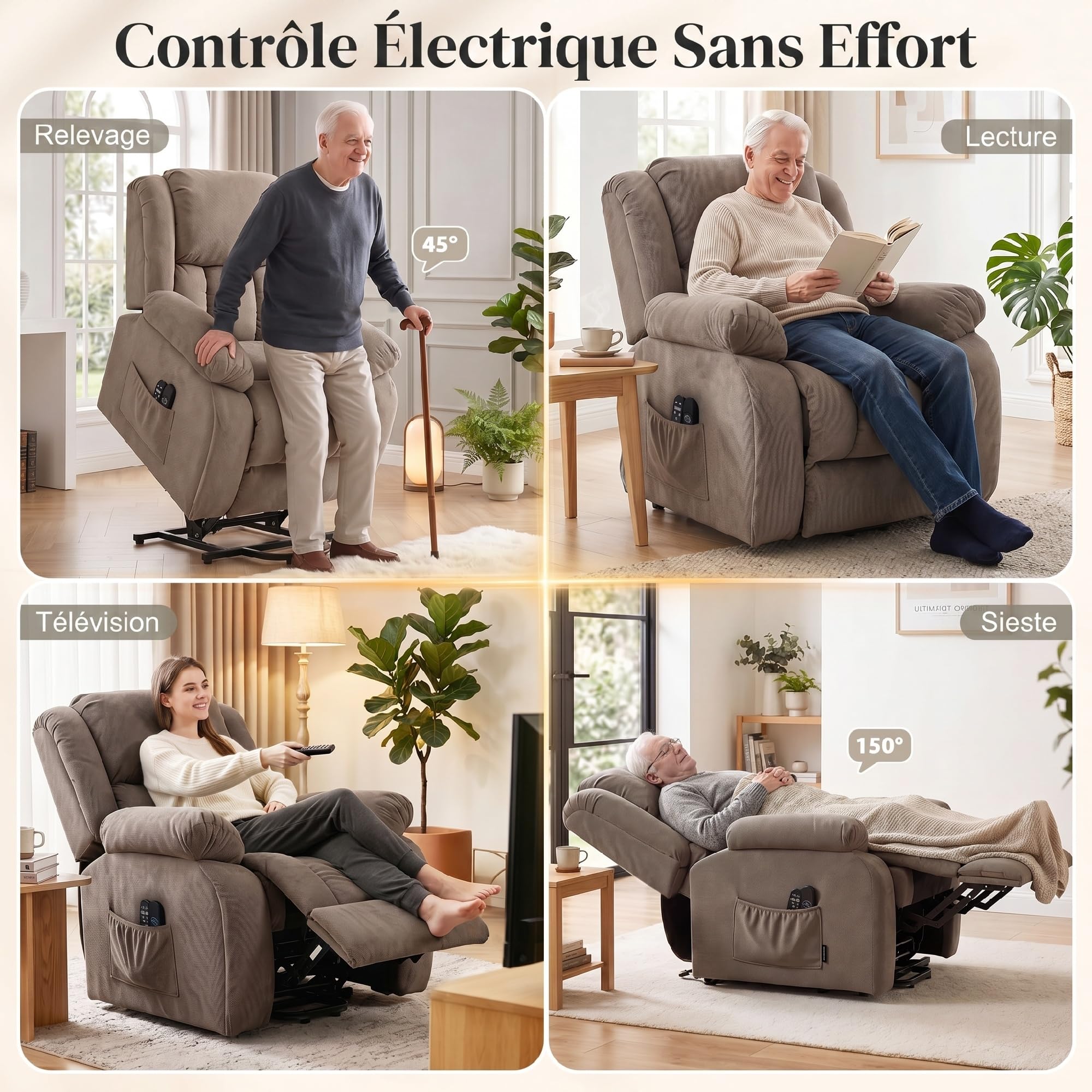 HOMCOM Fauteuil releveur électrique Chauffage et Massage par Vibration Fauteuil Relax électrique en Velours Dossier inclinable Assise Large Ports USB télécommande Repose-Pied Poche latérale Marron