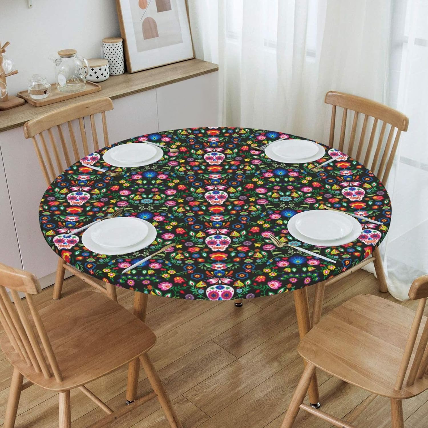Sugar Horror Skull and Flowers Print Outdoor Patio Kitchen Decor Supplies Wipeable Round Table Cloth for Indoor Outdoor