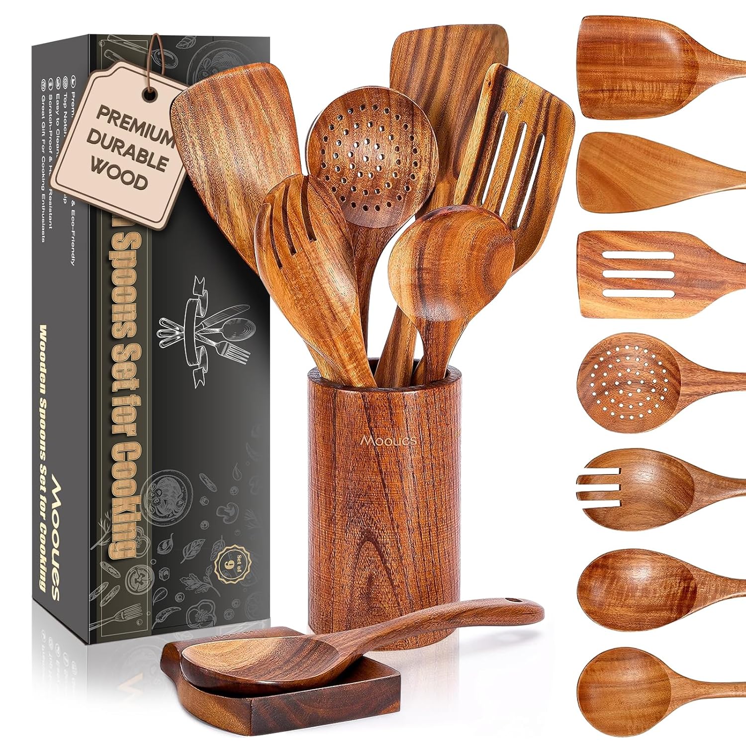 9 PCS Wooden Spoons for Cooking, Wooden Utensils Set with Spoon Rest for Cooking, Natural Teak Wood Utensils Set NonStick Comfort Grip