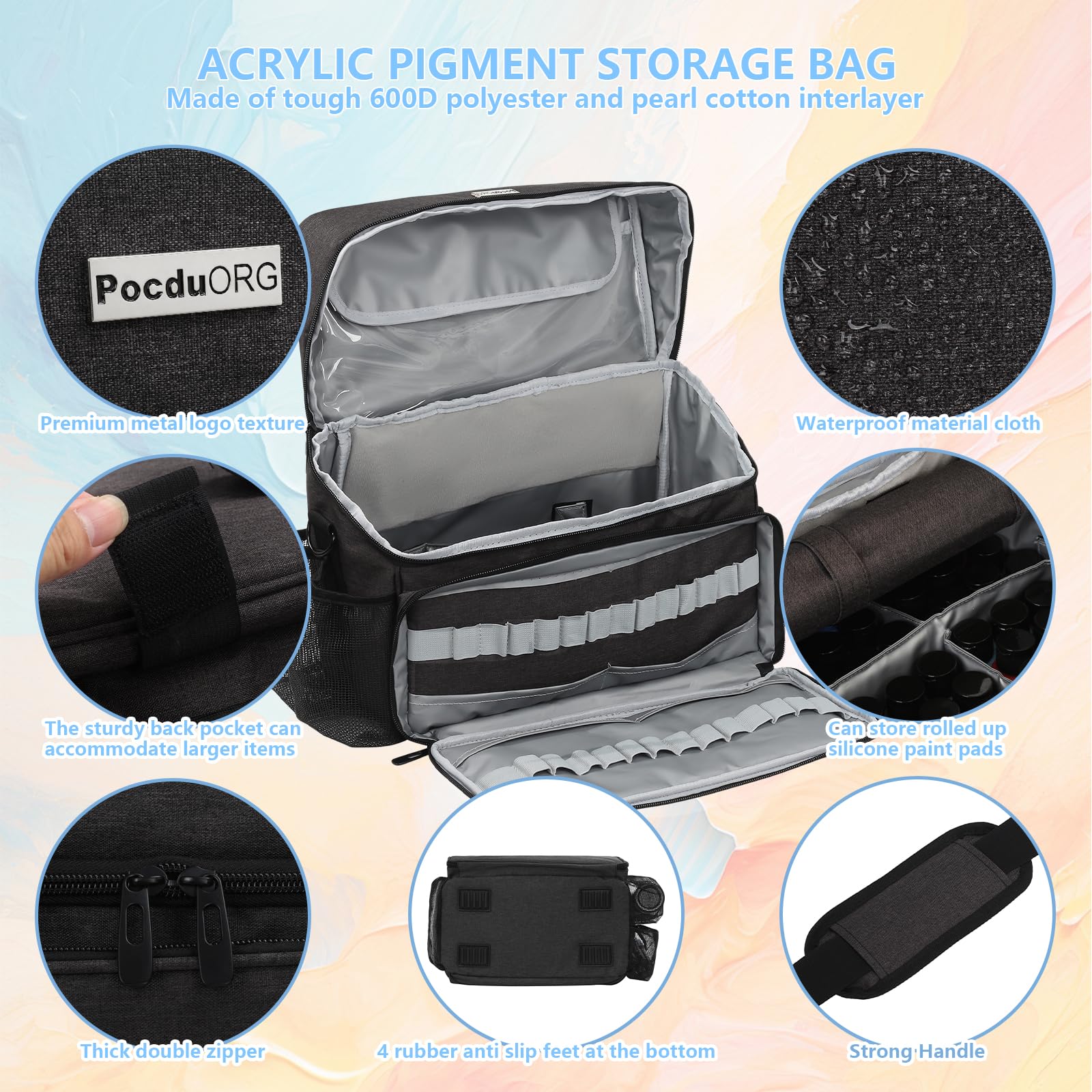 Sac de rangement pour peinture acrylique et pinceaux – Étui de transport compatible avec Apple Barrel, Shuttle Art, Caliart Art Supplies – Comprend un support de pinceau amovible – Pour la maison/les