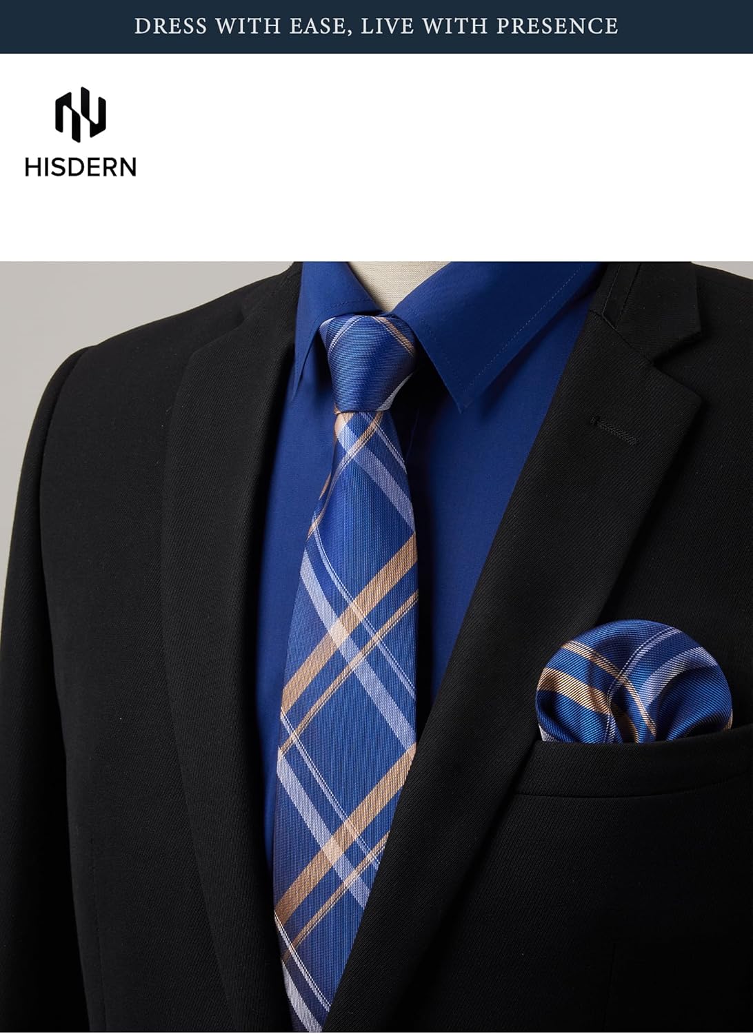HISDERN 503 Mens Dress Shirt Slim Fit Long Sleeve Button Down Wrinkle Free Set with Tie Pocket Square Formal Business Wedding