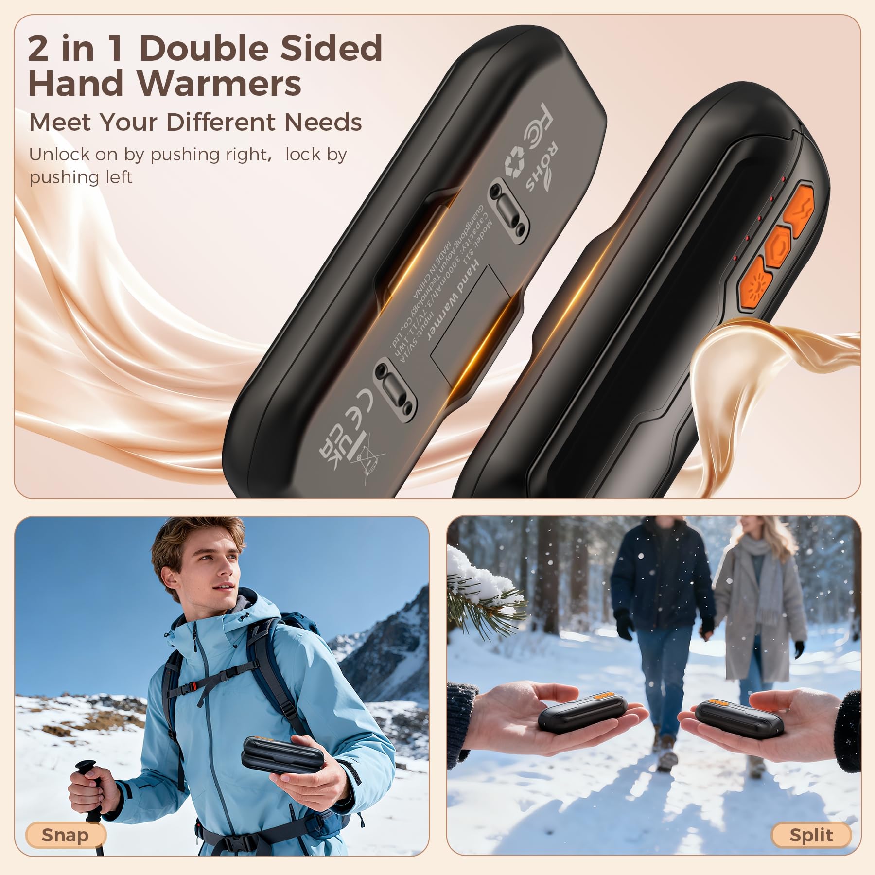 GARAID Scaldamani Ricaricabile 2 Pack, Scaldamani Elettrico Portatile con LED, 5 Livelli Scaldini Istantanei, 6000mAh USB C, Riutilizzabile Scalda Mani Elettrico per Caccia, Golf, Campeggio, Regalo
