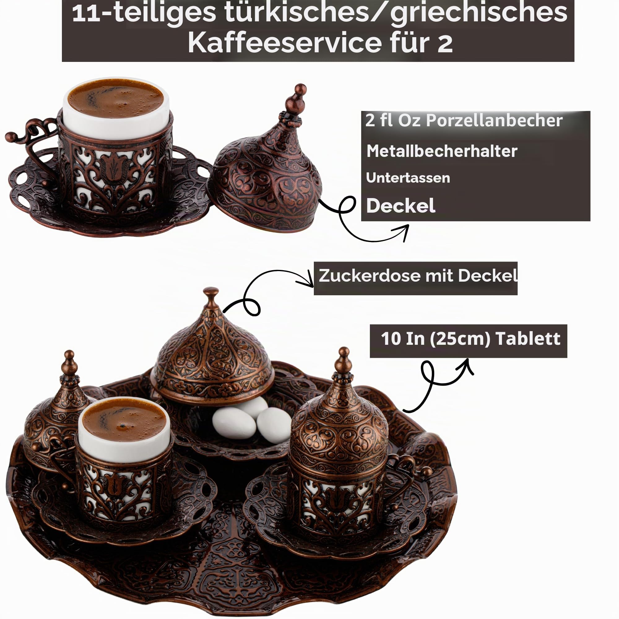 DEMMEX 2024 Türkisches, griechisches, arabisches Kaffeeservice mit Tassen, Untertassen, Untersetzern, Deckeln, Zuckerschüssel und Deckel sowie Tablett, 11-teilig (Antik), Medium