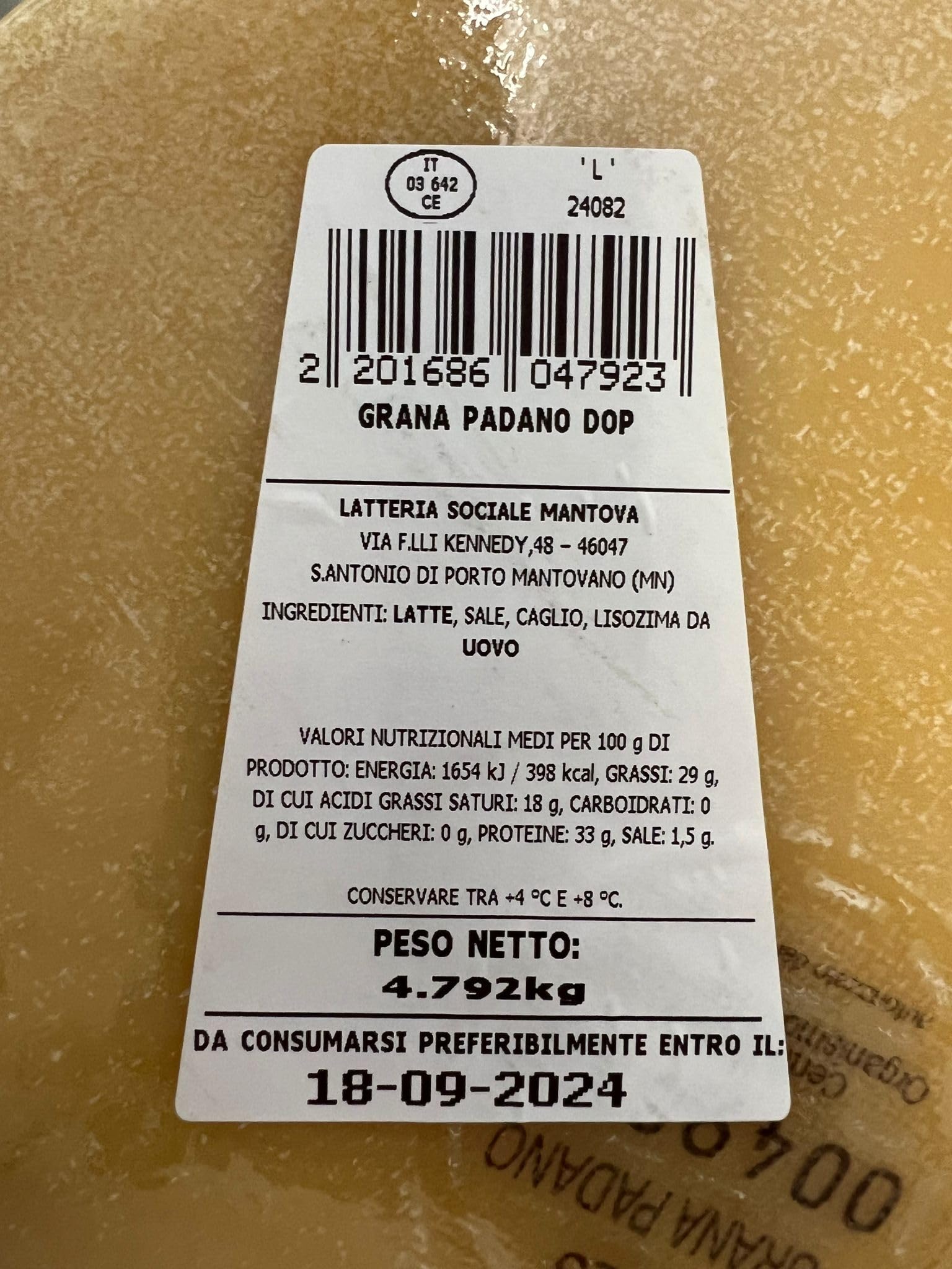Latteria Sociale Mantova Grana Padano DOP 4,6 Kg Circa.
