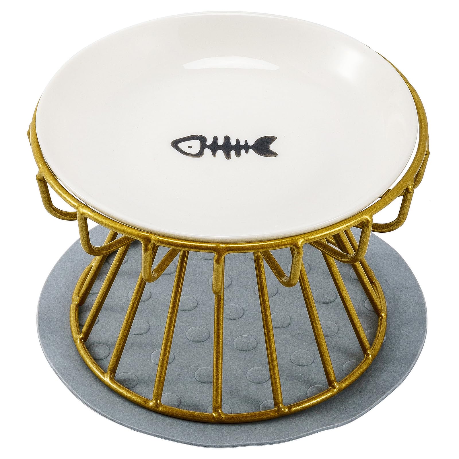 Ceramic cat bowl with iron Stand, pet bowl with anti slip pad, cat food container dish (Gold Stand + Fishbone Dish)