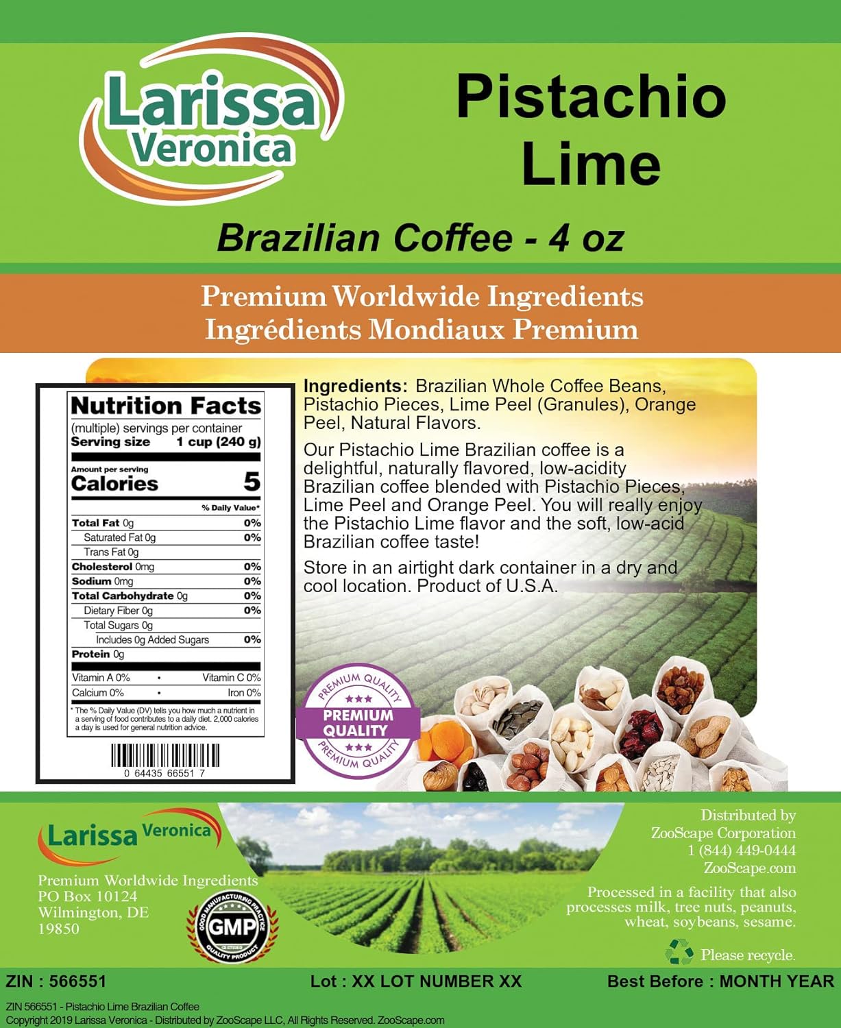 Pistachio Lime Brazilian Coffee (Gourmet, Naturally Flavored, Whole Coffee Beans) (4 oz, ZIN: 566551) - 3 Pack