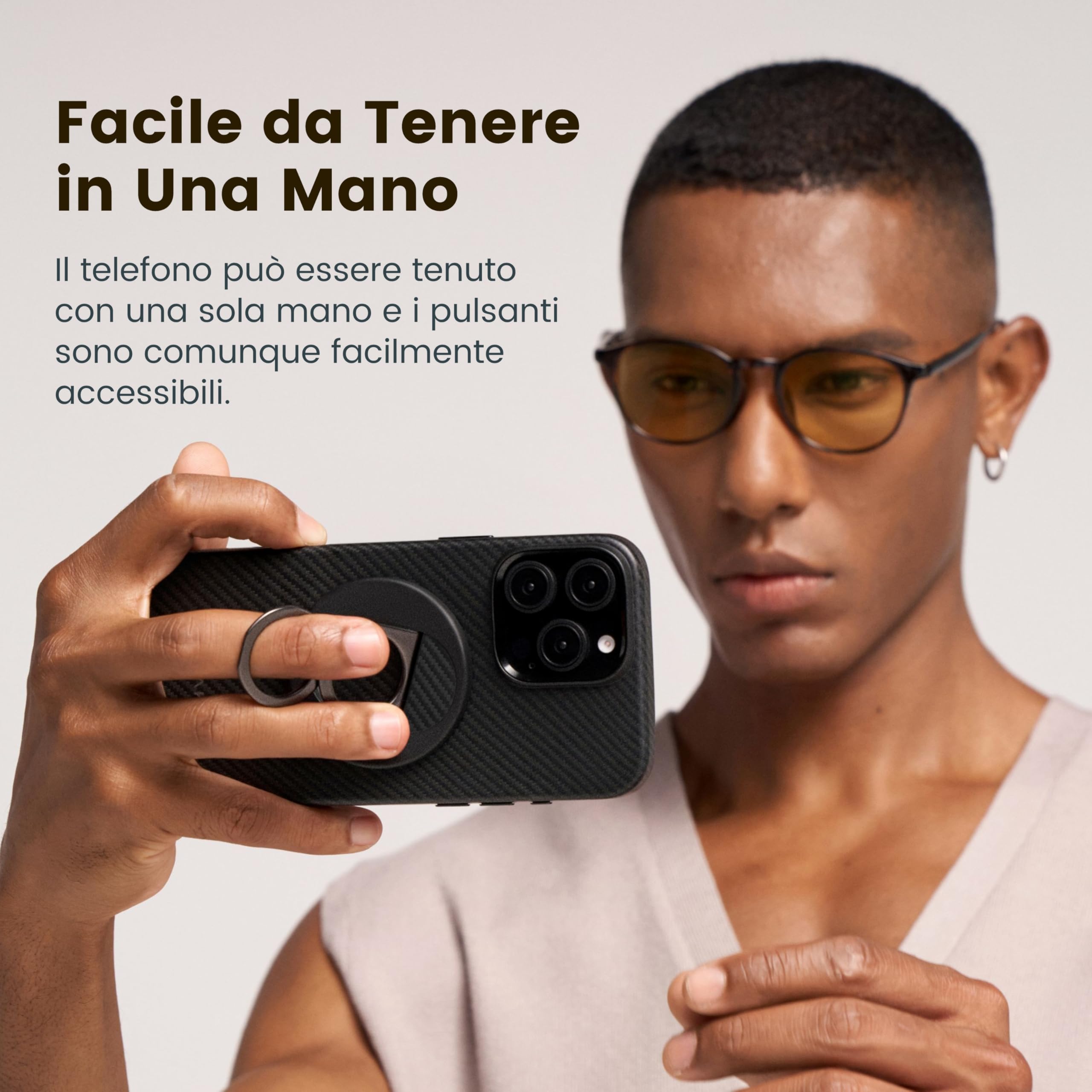 PITAKA Anello Magnetico Gancio Per Cellulare compatibile con il iPhone 16/15/14/13/12, Regolazione Supporto per Telefono compatibile con Magsafe, Leggero Impugnatura Stand [MagEZ Grip 3] Nero/Grigio