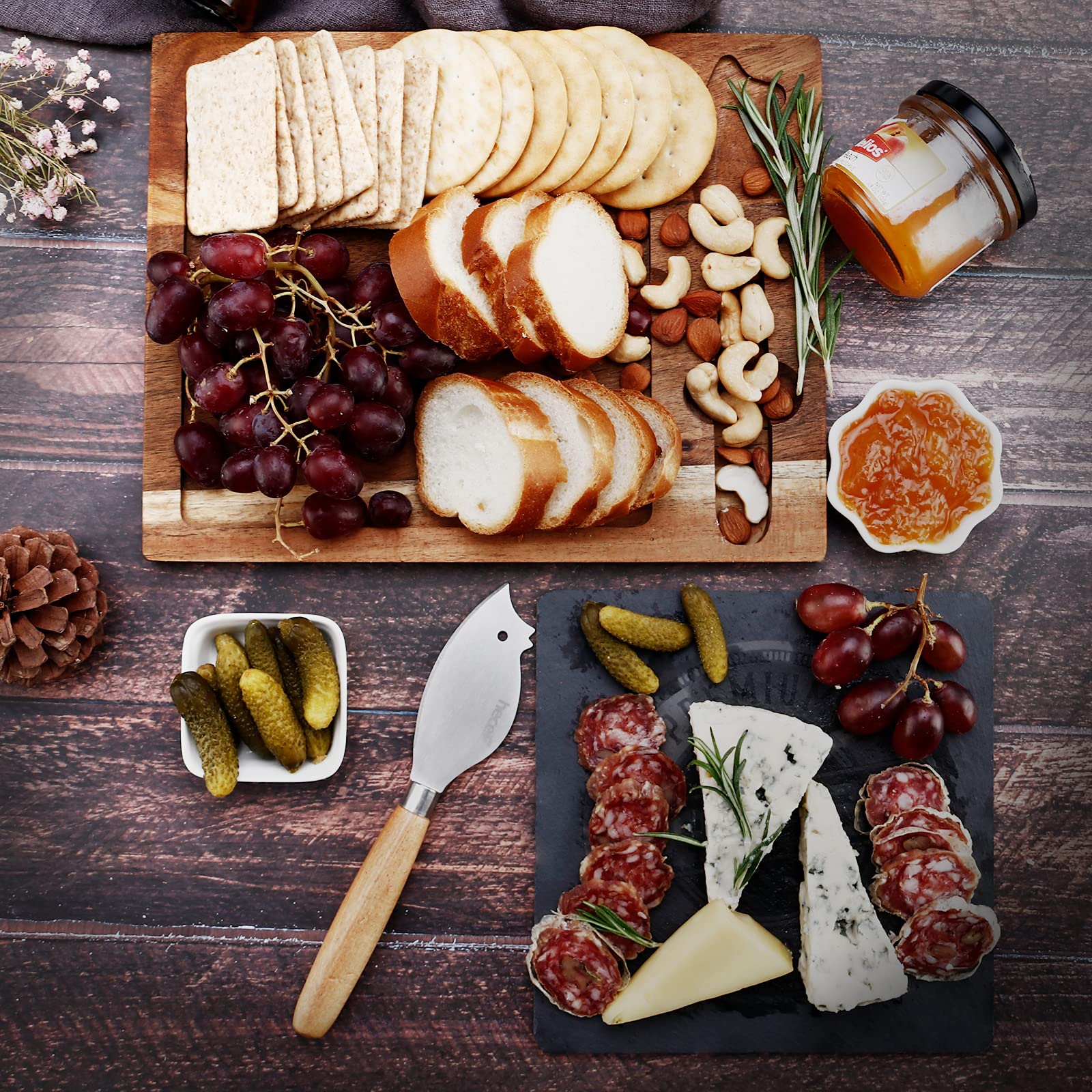 hecef Juego de Tabla de Queso de Madera Acacia con Tabla Negra y Cuchillo para Queso, Placa de Madera y Bandeja para Servir Queso, Galletas y Carne