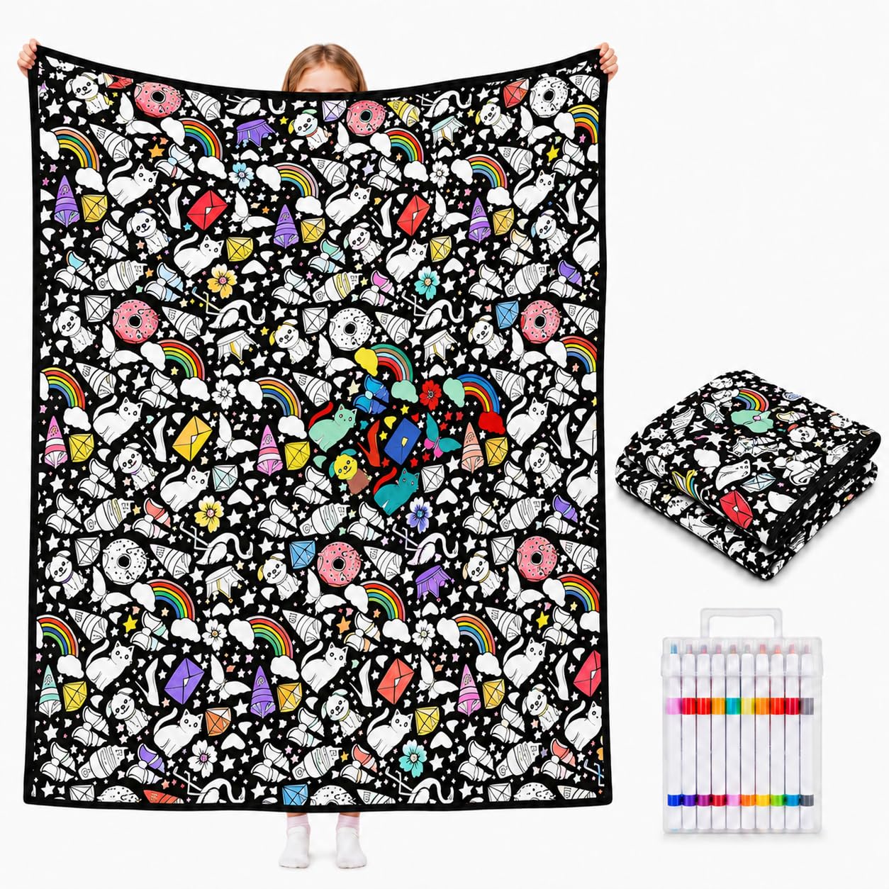 VEELU DIY Colouring Blanket for Adults with 24 Colour Markers, Colour Your Own Throw Blanket, Fun Creative Stress Relief Activity, Home Decor Perfect Birthday Gifts for Women Friends Family Rainbows โ image 1