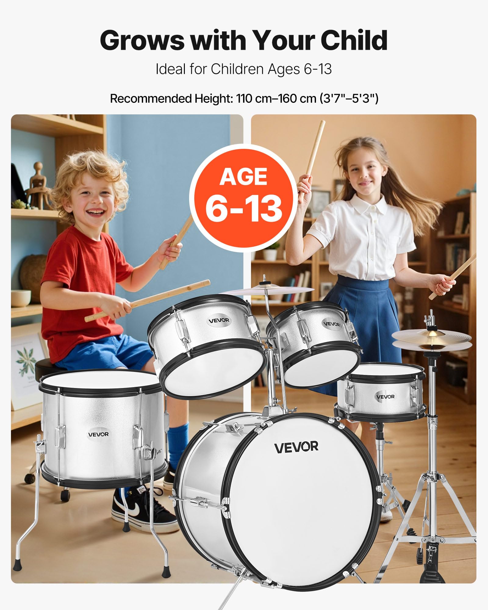 VEVOR Batteria per Principianti da 5 Pezzi da ca. 406 mm, Batteria per Principianti con Sgabello Regolabile, Piatto e Due Paia di Bacchette, Kit di Strumenti Musicali per l'Apprendimento, Argento