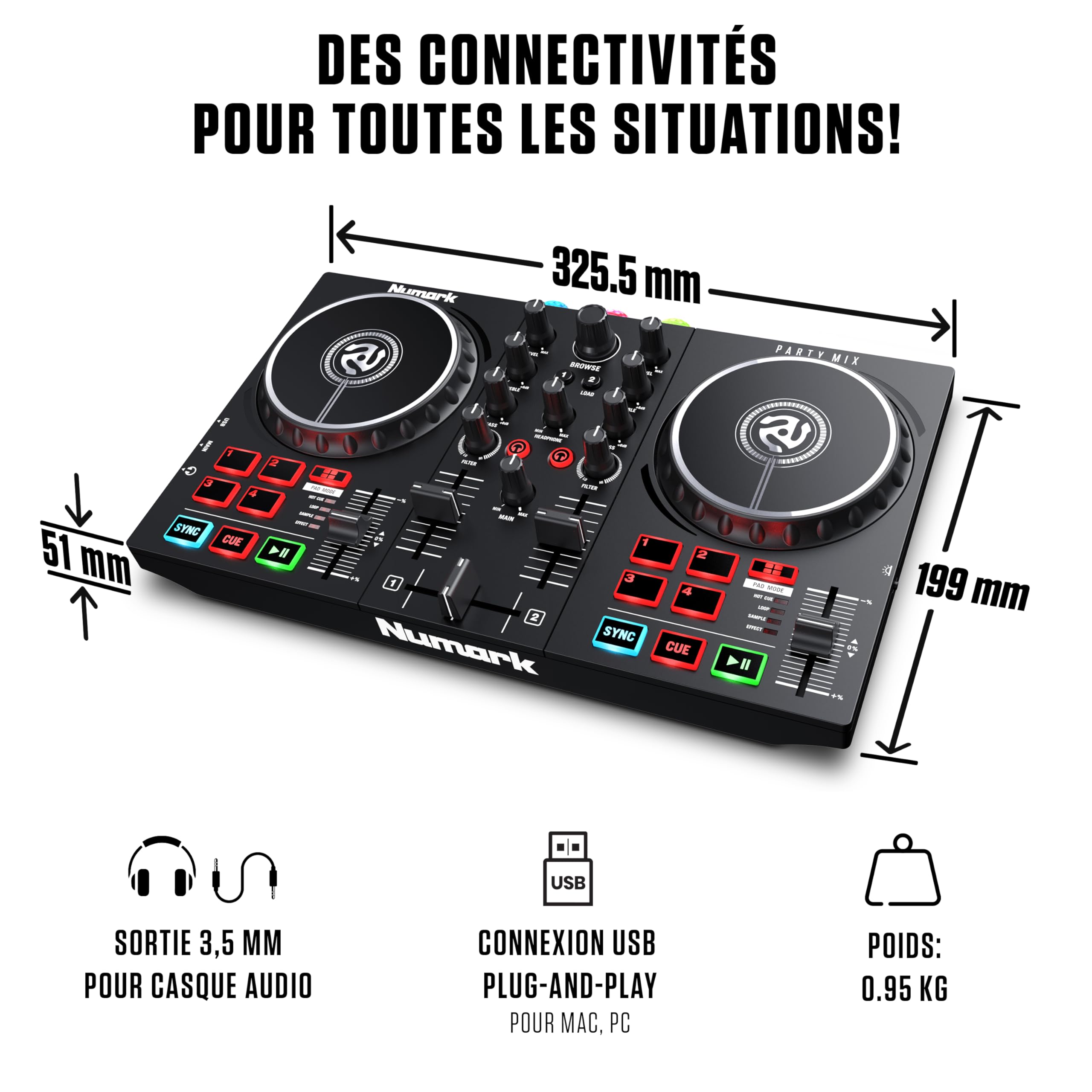 Numark Party Mix II & HF 125 - Contrôleur DJ pour débutants avec lumières LED, carte son et table de mixage DJ pour Serato DJ Lite avec Casque DJ Ultra-Portable