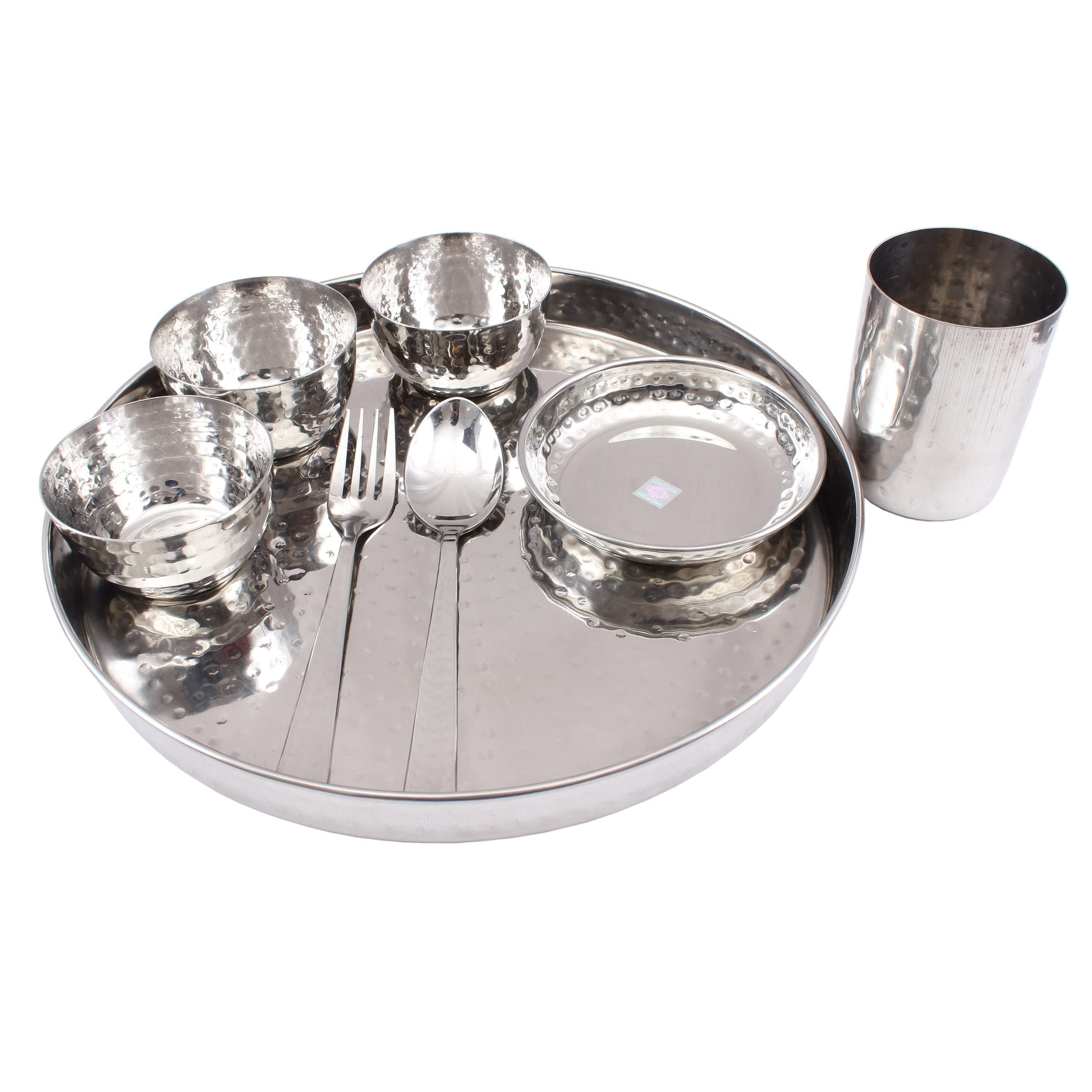 Indian Art Villa Stainless Steel Dinner Set/Thali Set of 1 Plate, 1 Small Plate, 3 Bowls, 1 Glass, 1 Fork & 1 Spoon (8 Pieces), Dinnerware, Tableware Or Crockery