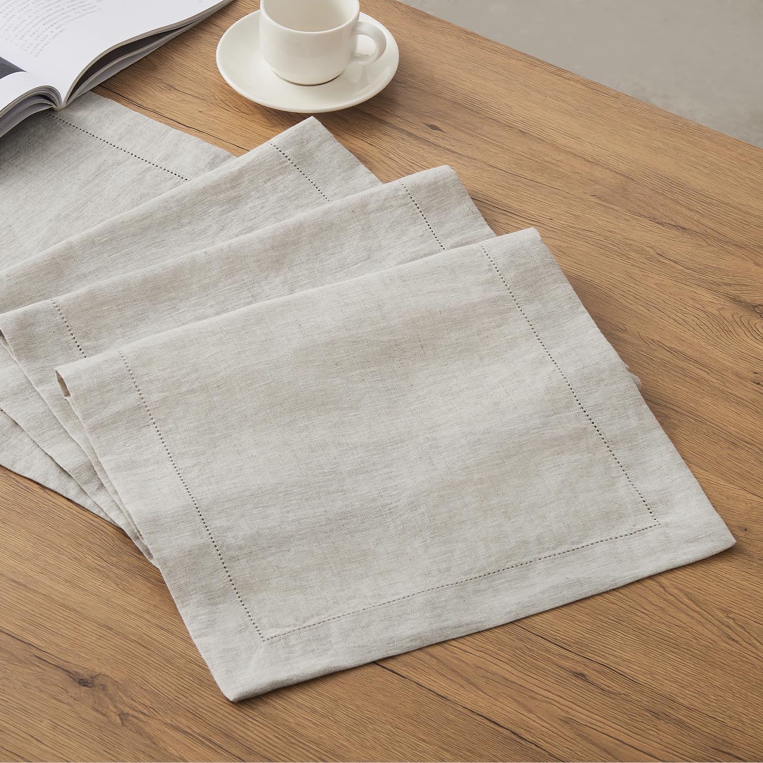 KINGSTONE 100% Pure French Linen Table Runner 90 Inches Long, Natural Hemstitch Tablecloth with Mitered Corners, Crease-Free Scroll Packaging, 14x90 for Easter, Mother's Day, Farmhouse Decor