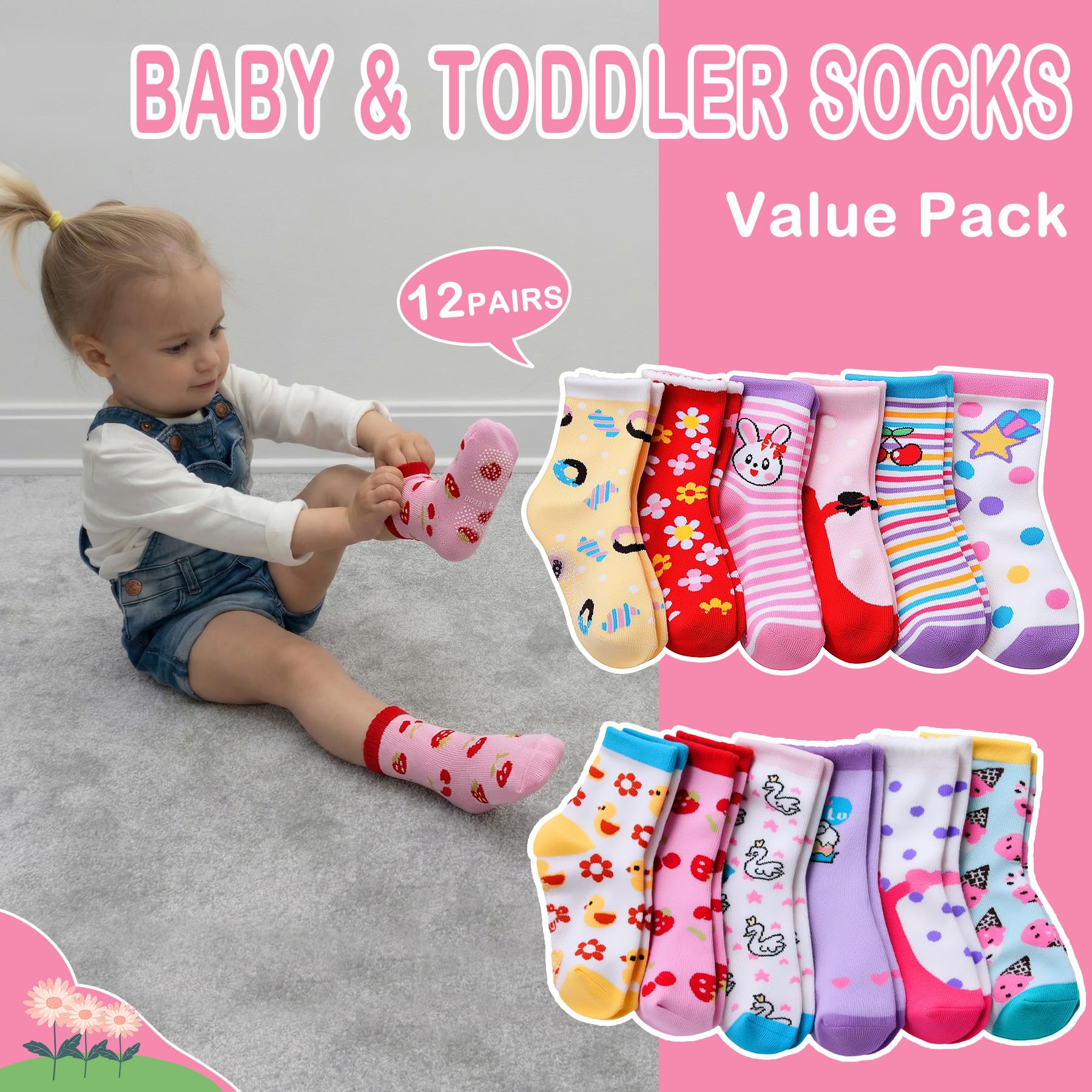 SkiBeaut - Calcetines antideslizantes para niños pequeños de 1 a 7 años, 12 pares de calcetines para niños y niñas