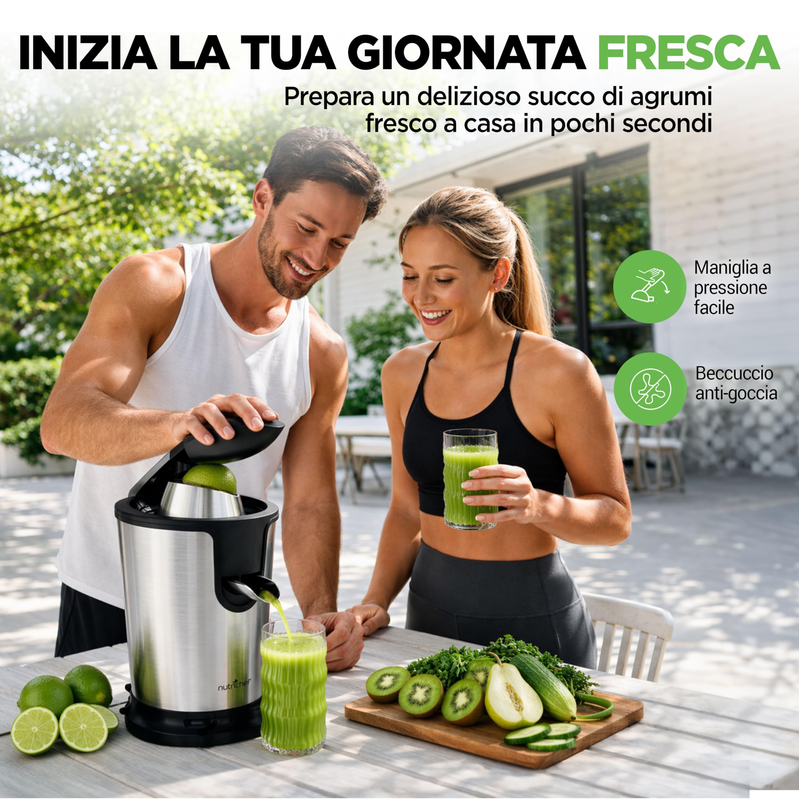 NutriChef Estrattore di Succo, Estrattore e Centrifuga Spremiagrumi Elettrico in Acciaio Inox con Pressa Manuale, Filtro Polpa Regolabile, Lavabile in Lavastoviglie, Motore 160 Watt