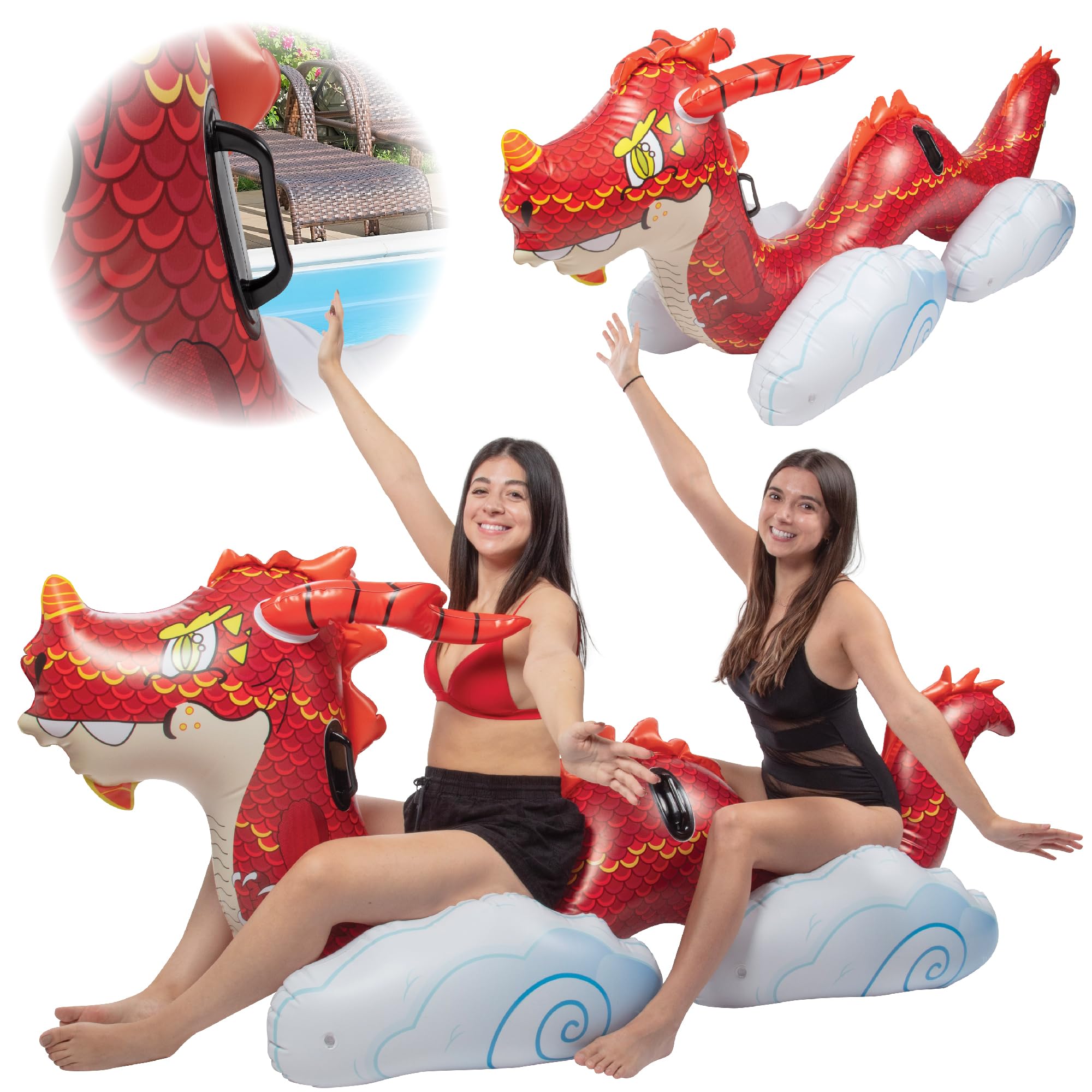 Giant Dragon Pool Float- 2 Person Rider for Double The Fun- Over 7 FT Long- XL Inflatable Toy with Handles- Summer Pool Beach Party Toy- Heavy Duty Xtra Thick Durable PVC, Fun for Adults Kids Gift