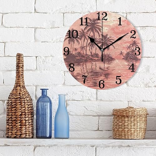 Miniatura 3 de KLL Reloj redondo de playa retro romántico rosa de 10 pulgadas para pared de oficina, sin tictac, interior para sala de estar, casa de campo,