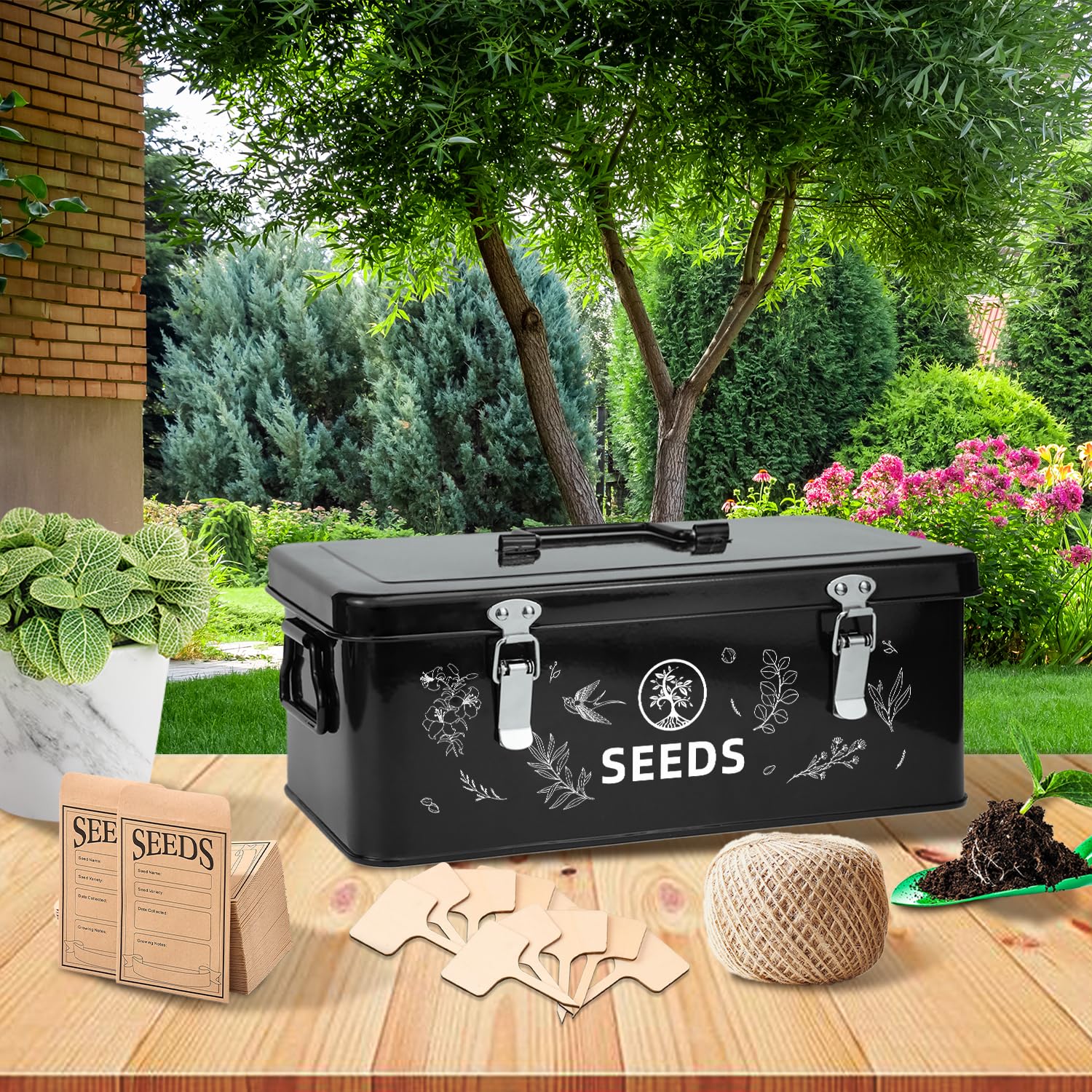 NIXBYO Saatgut-Aufbewahrungsbox, Saatgut-Aufbewahrungsbox mit Gartenschnur,  30 Saatgut-Taschen und Bambus-Pflanzenetiketten, 4 Garten-Saatgut-Aufbewahrungsboxen  mit Sicherheitsverschluss (Schwarz) : Amazon.de: Garten