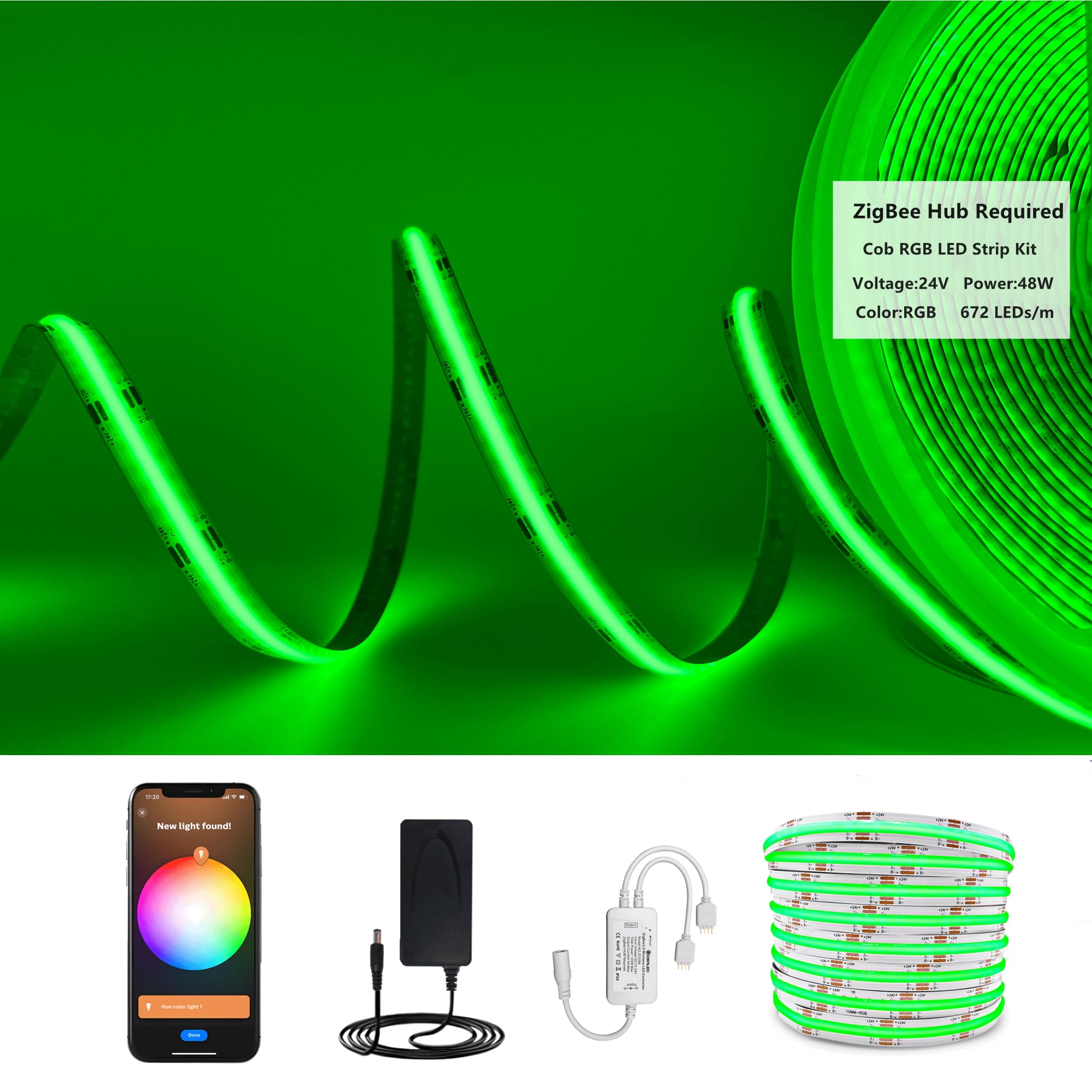 DC 24V Smart ZigBee RGB COB LED Strip Dimmable 16.4ft Kit Compatible with HUB bridge,Tuya Gateway and Echo Plus,APP/Alexa Voice control Color Changing RGB LED Lightstrips for Ambiance lighting