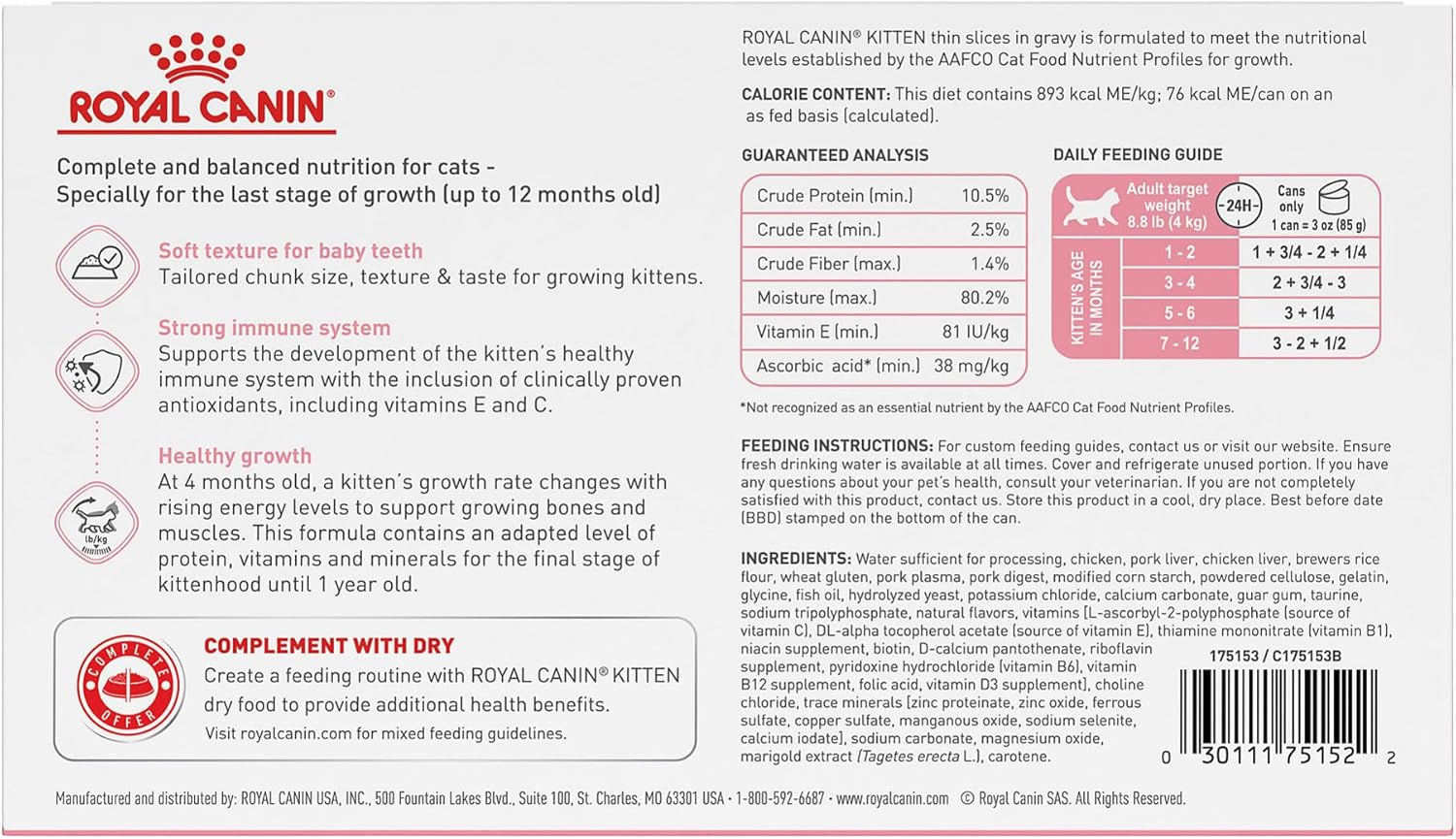 Royal Canin Feline Health Nutrition Kitten Thin Slices in Gravy Cat Food, 3 oz (Pack of 18)