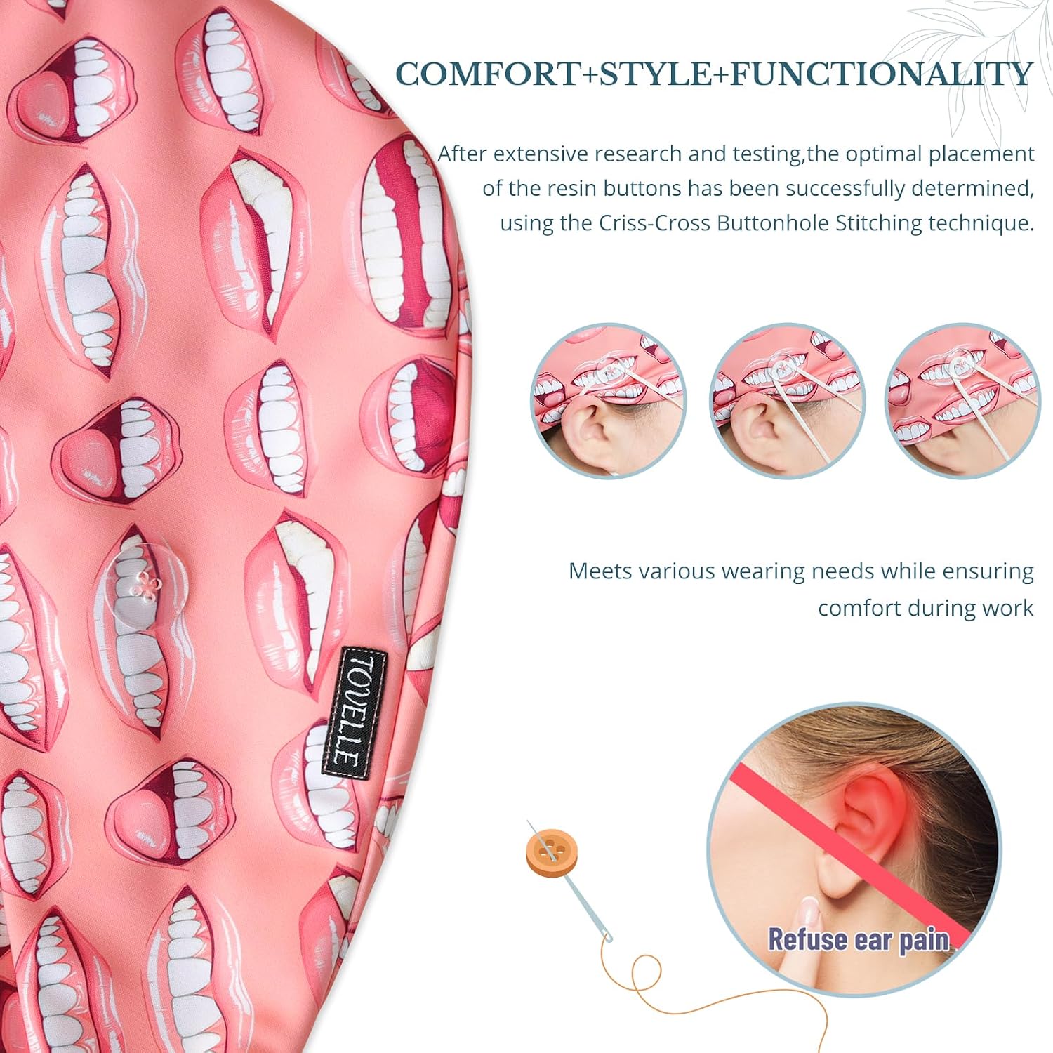 Teeth Double-Sided Printed Scrub Caps for Men and Women with Buttons, Adjustable Helps Reduce Static Buildup Medical Hats, Breathable Surgical Caps with Sweatband for Long Hours