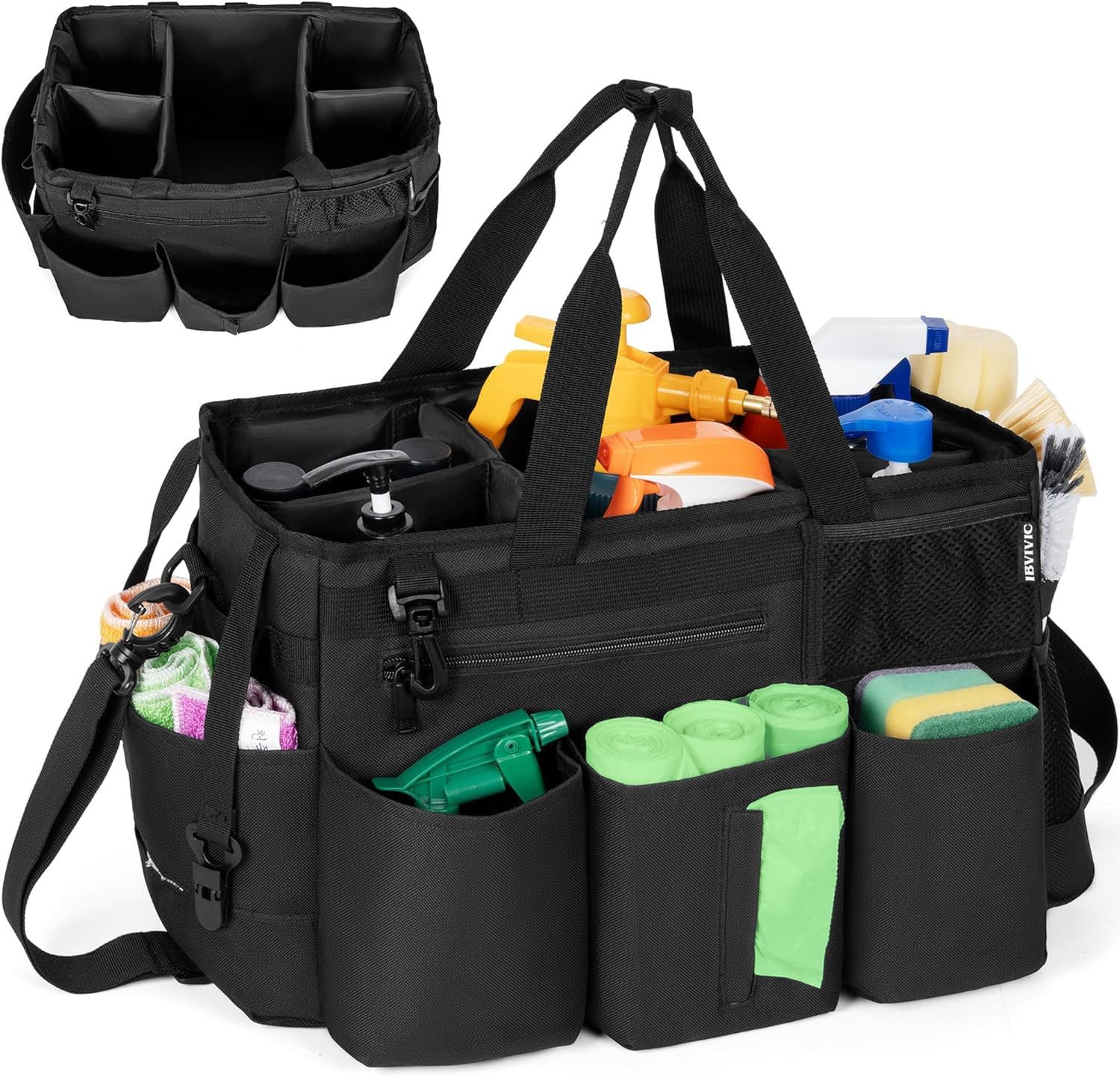 OUUTMEE Sac de Nettoyage avec Séparateurs Amovibles, Organisateur de Nettoyage Portable avec Poignées et Bandoulière Réglable, Sac Fourre-tout de Nettoyage pour Maison, Femmes de Ménage, Noir (Grande) | Organiseur portable pour produits de nettoyage, band