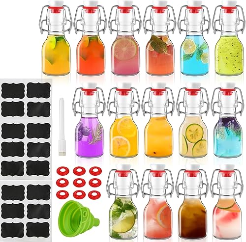 Paquete de 15 botellas de vidrio con tapa abatible de 2 onzas, mini botellas de cerveza con tapas herméticas para elaboración casera, kombucha,