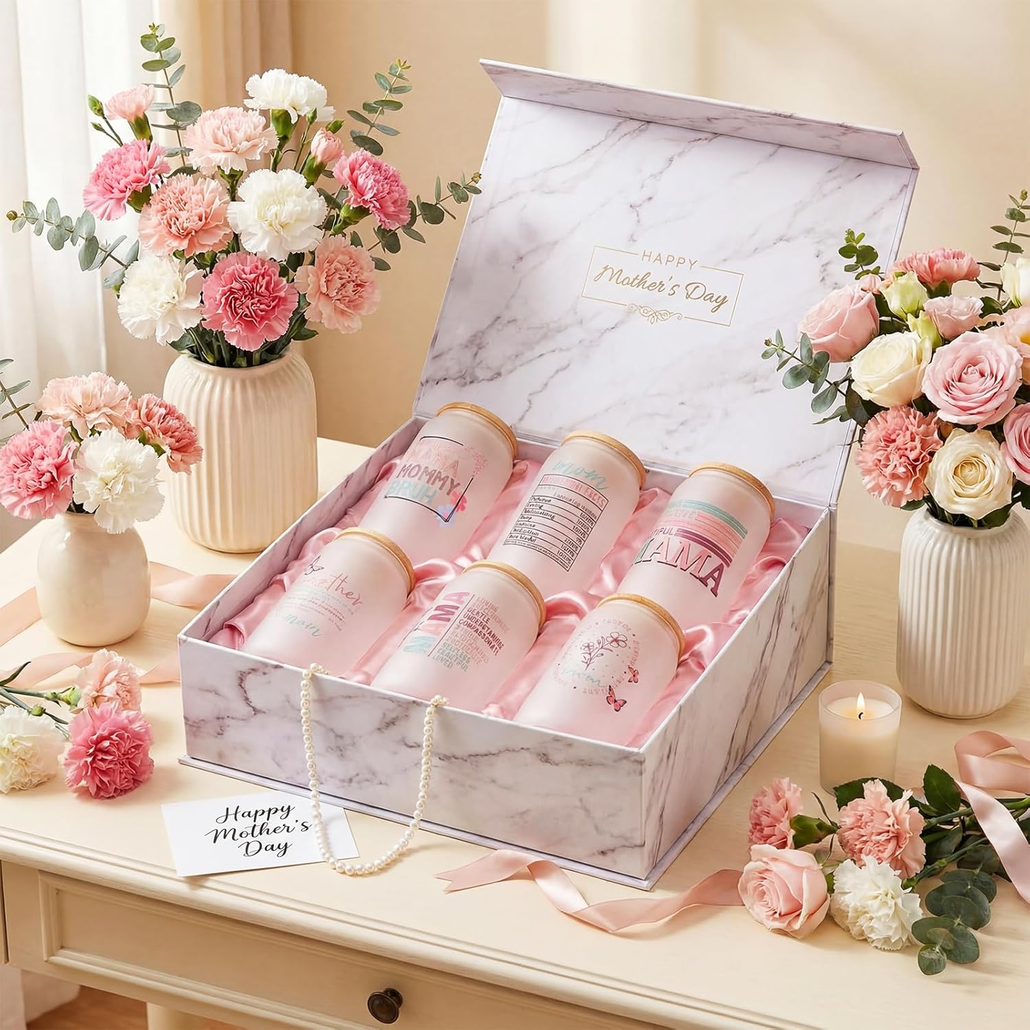 6 Pcs Mom Gifts for Mother's Day 16 oz Frosted Mama Glass Cups with Lids and Straws Cute Floral Butterfly Nutritional Facts Mom Coffee Tumbler Bulk from Daughter Son for Mommy Birthday Stuff
