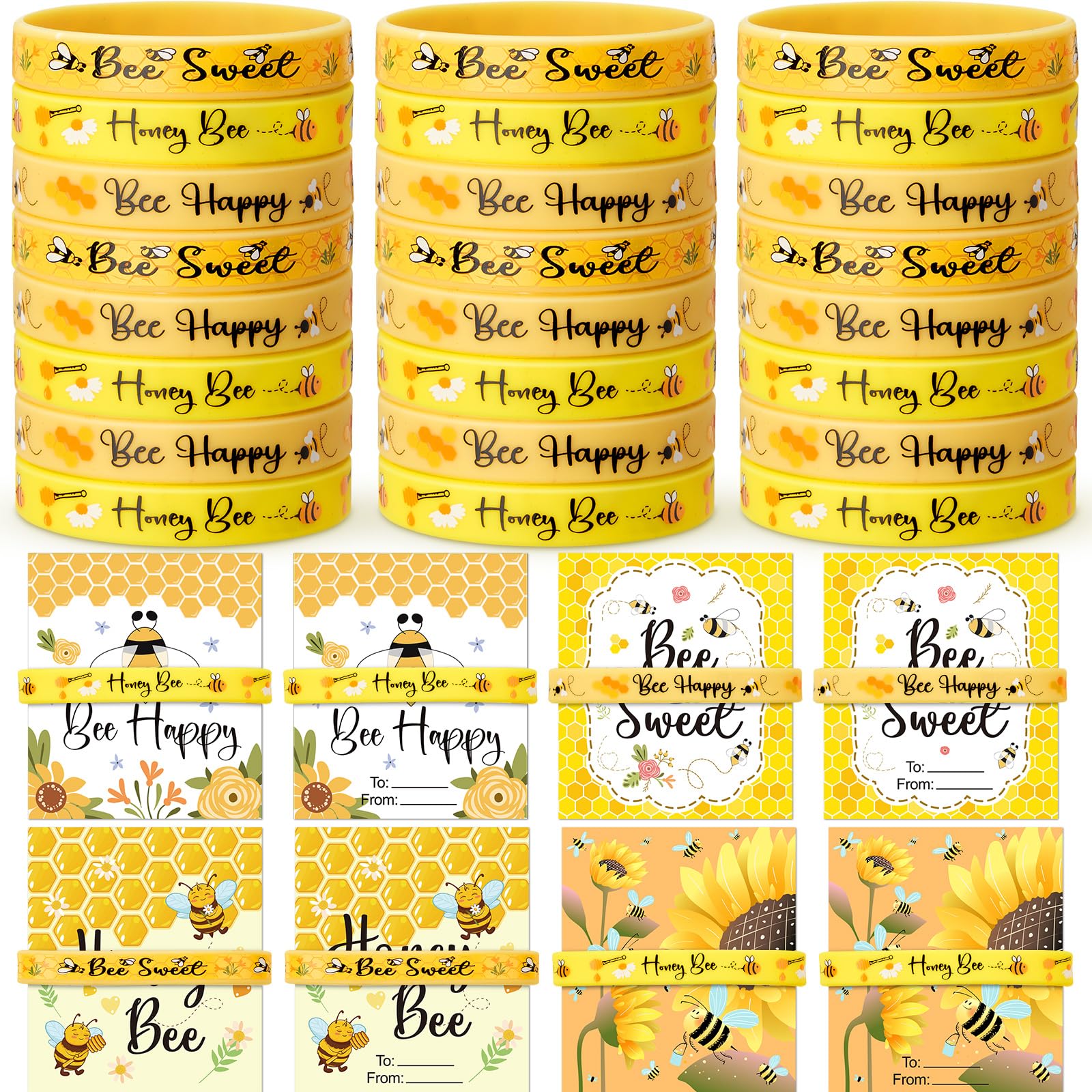 JellyArch 48 Set Bee Silicone Bracelets , Bee Honeybee Rubber Wristband with Cards Silicone Bracelet Bulk for Spring Summer Birthday Party Supplies