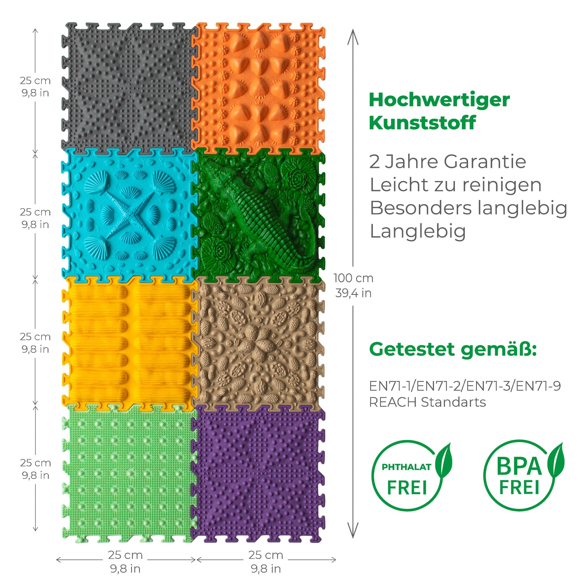 Massage Puzzle sensorische Bodenmatte - Orthopädische Spielmatte für Kinder oder als Baby Spielzeug, Puzzlematte Unterlage für den Boden (Nil Krokodil)