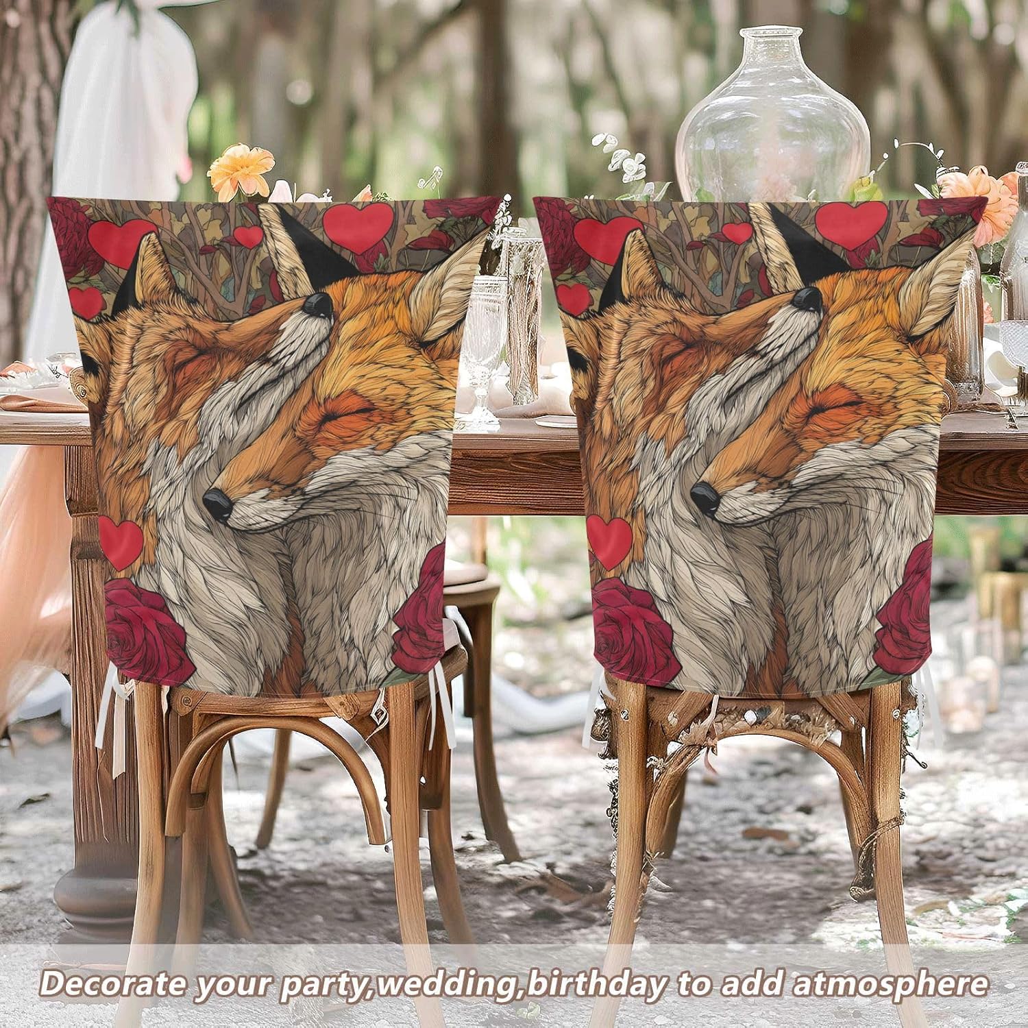 ALAZA Foxes Hearts Roses Chair Back Cover Set of 6, Washable Reusable Removable Chair Slipcovers Decorative Chair Cover for Home Kitchen Wedding Party