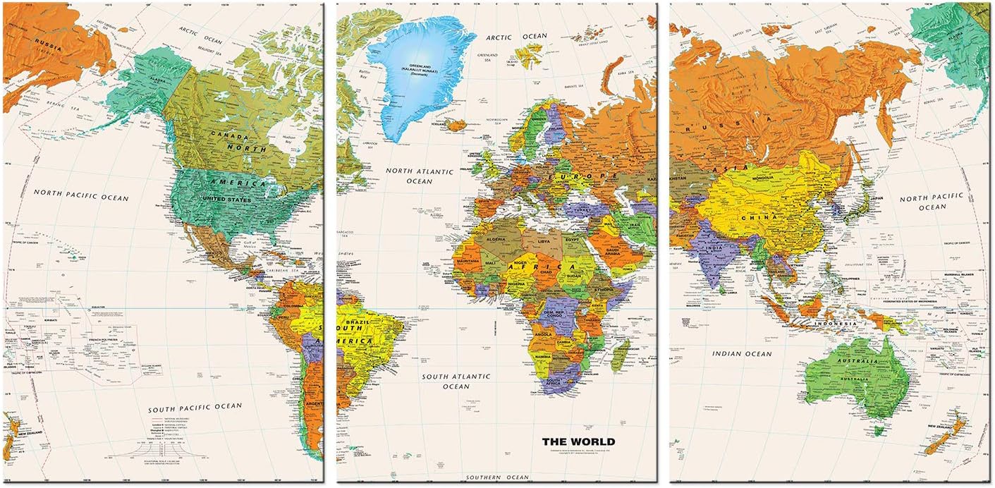 Amazon Co Jp アートパネル 世界地図 特大 ポスター ワールドマップ 英語 壁画 アートフレーム て取り付けやすい 北欧 インテリア絵画 防湿 キャンバスアートフレーム壁掛 3枚 フレーム付きの完成品 03 50cmx75cmx3枚 文房具 オフィス用品