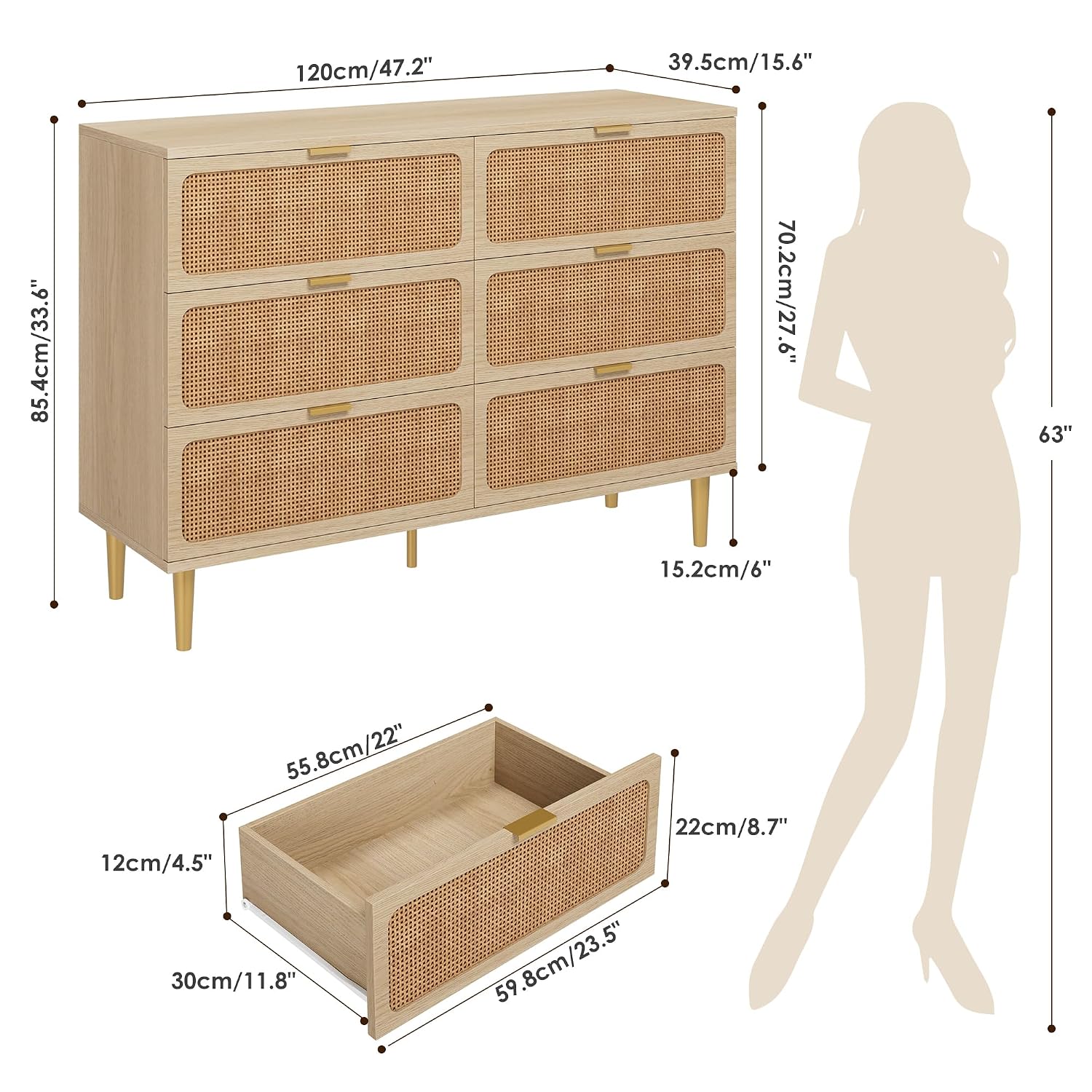 garveehome rattan 6 drawer dresser for bedroom, large double dresser with deep drawers, wooden chest of drawers for closet with wide top, for living room, hallway, kids room, natural natural 47.2"d x 15.6"w x 33.6"h (6 drawers)