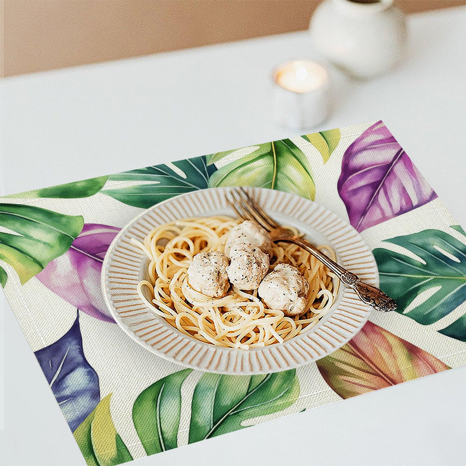 Set di 8 Tovagliette Americane Lavabili Cotone Lino Foglie tropicali - Tovaglietta Americana Resistenti al Calore Durevole Acquerello - per Colazione Pranzo 30×45 cm