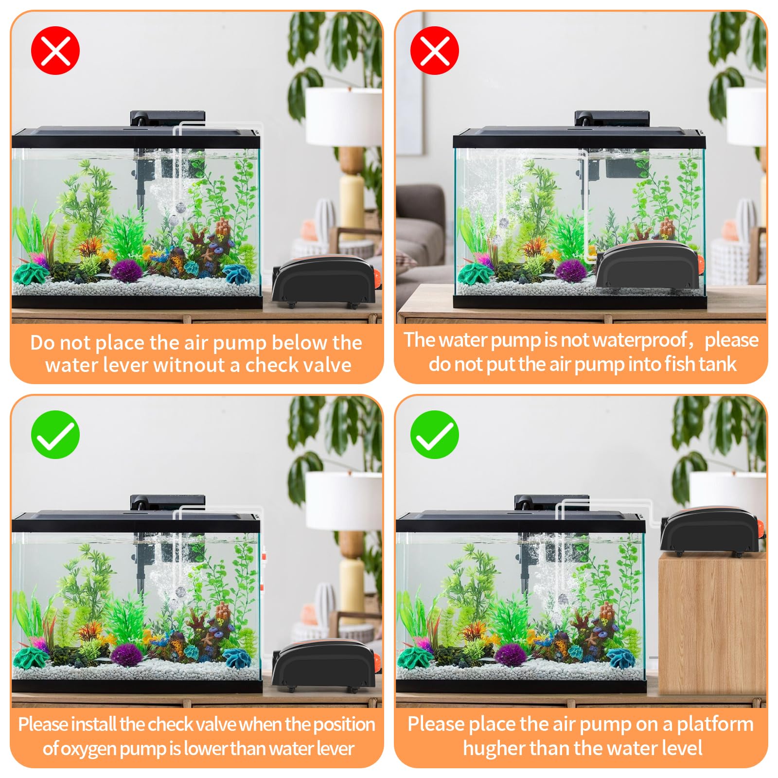 JAMATA Pompa powietrza do akwarium 4 W, regulowana, mini pompa powietrza z zaworem zwrotnym, cicha pompa tlenowa do akwarium < 45 dB, zestaw pompek powietrza do małych akwariów z wężem powietrza o