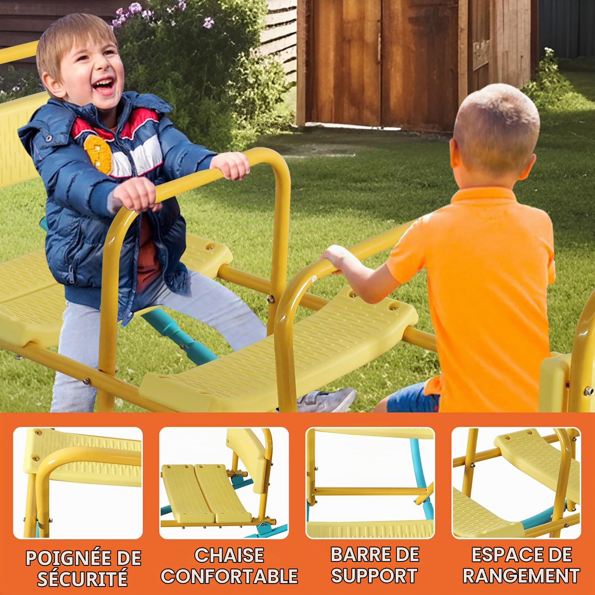 Balançoire à Bascule 3 Places, Dossiers et Poignées, Trébuchet en Métal pour Jardin, Salon, École – Assise Confortable, Anti-Rouille–Balancoire Exterieur avec 3 Sièges pour Enfant 3-8 Ans