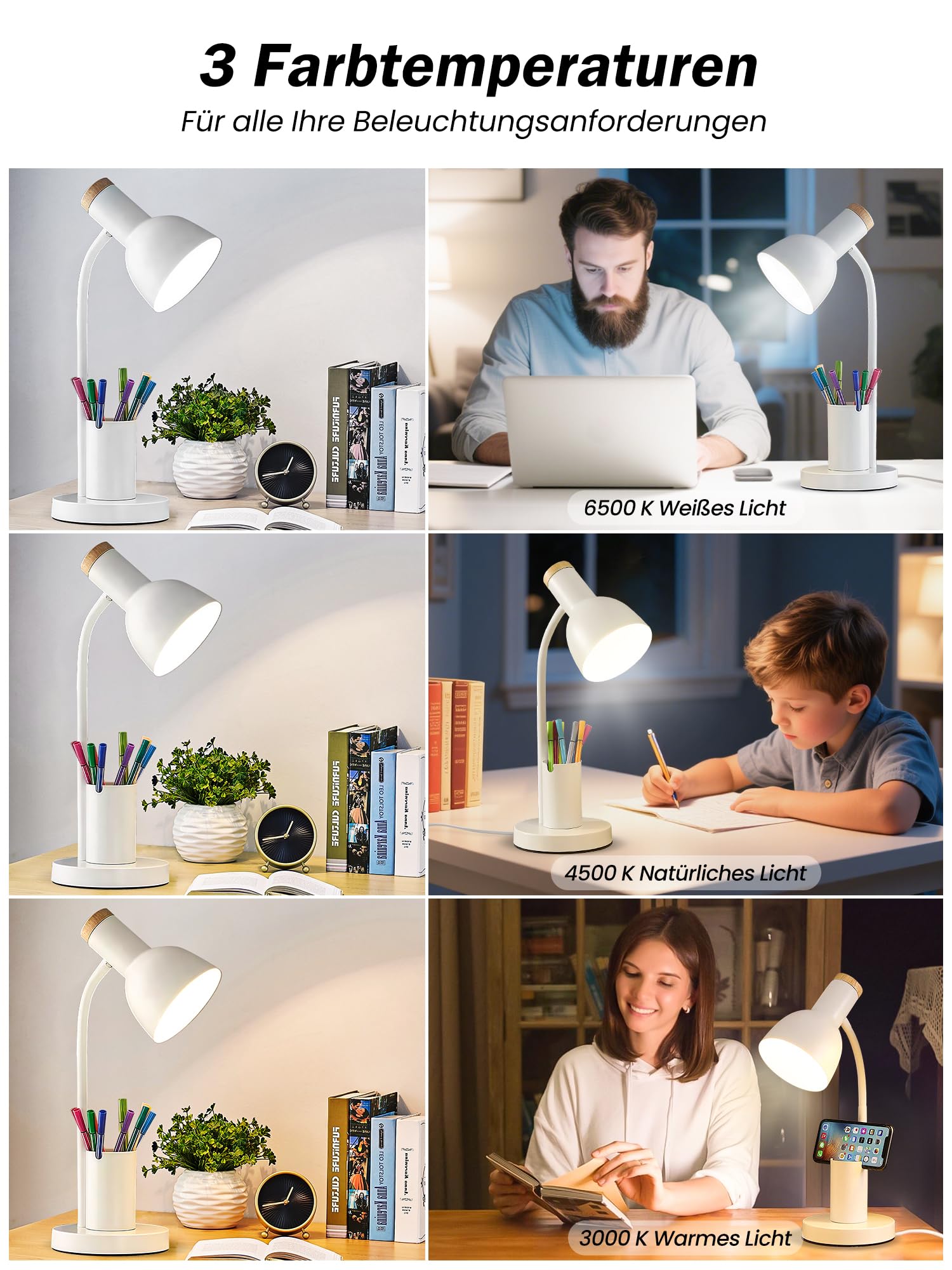LED Schreibtischlampe mit Stifthalter, augenschonende Schreibtischlampe 3 Farbmodi Leselicht flexible Schwanenhals-Metall-Studienlampe, niedliche Tischlampen für Zuhause Büro Nachttisch Schlafsaal